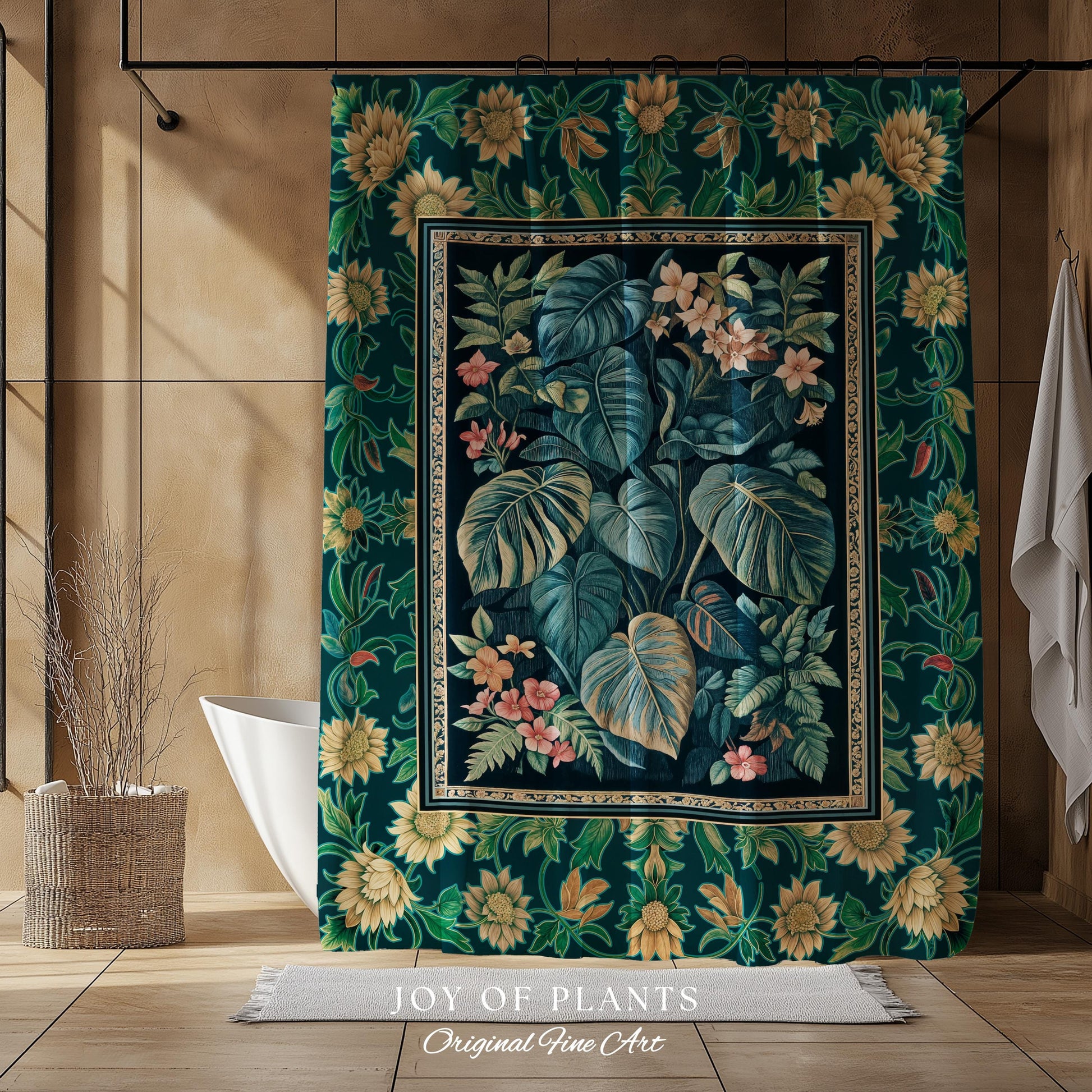 Ethereal Botanicals Shower Curtain | Houseplant Bathroom Monstera Maximalist Leaf Decor Dark Academia Aesthetic Tropical Emerald Leaves |