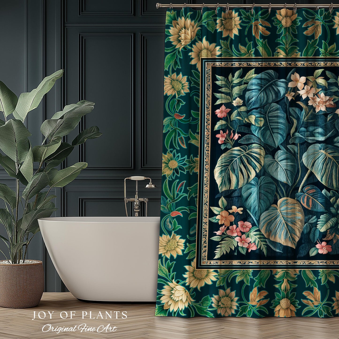 Ethereal Botanicals Shower Curtain | Houseplant Bathroom Monstera Maximalist Leaf Decor Dark Academia Aesthetic Tropical Emerald Leaves |