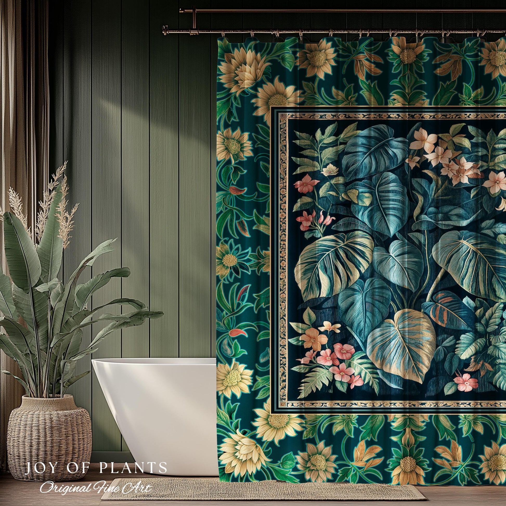 Ethereal Botanicals Shower Curtain | Houseplant Bathroom Monstera Maximalist Leaf Decor Dark Academia Aesthetic Tropical Emerald Leaves |