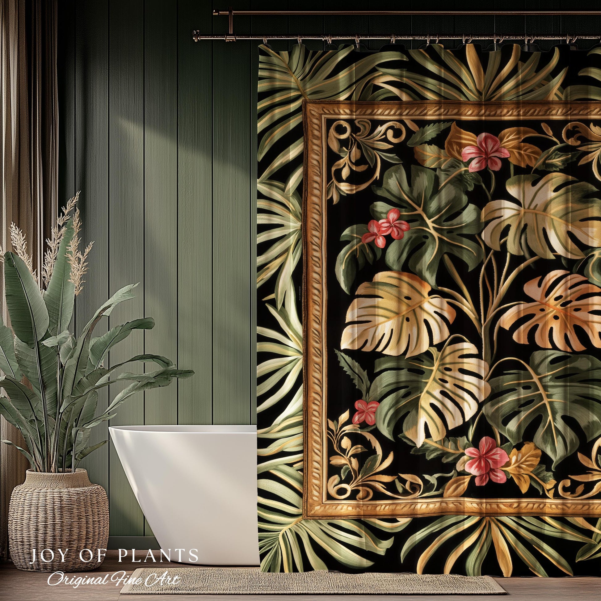 Trendy Tropical Leaves Shower Curtain | Whimsical Monstera Bathroom Decor for Plant Lovers Maximalist Jungle Cottagecore Whimsy Aesthetic |