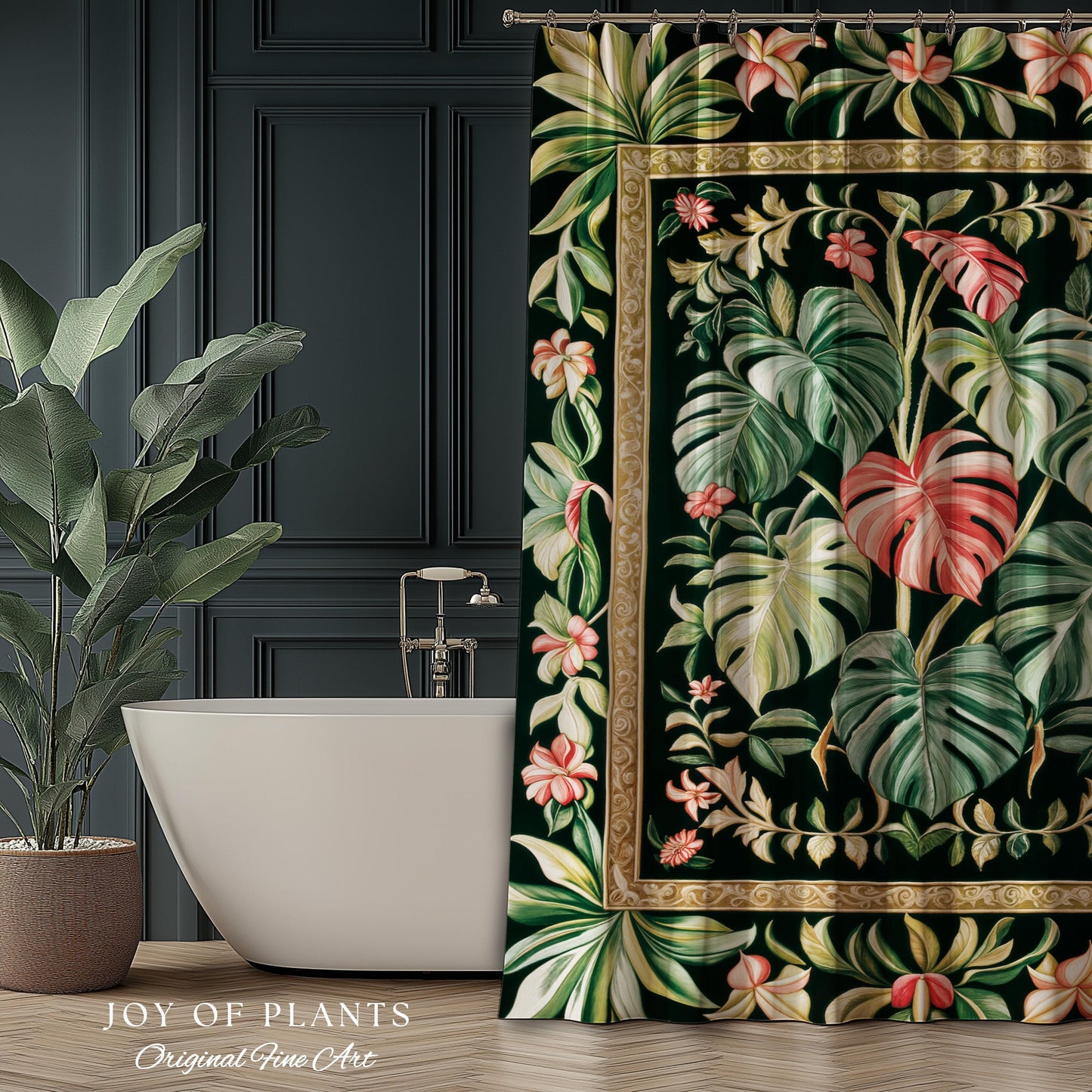 Earthy Vibes Monstera Shower Curtain | Cozy Forestcore Vintage Summer Bedspread Tropical Goth Aesthetic Cottagecore Leafy Bathroom