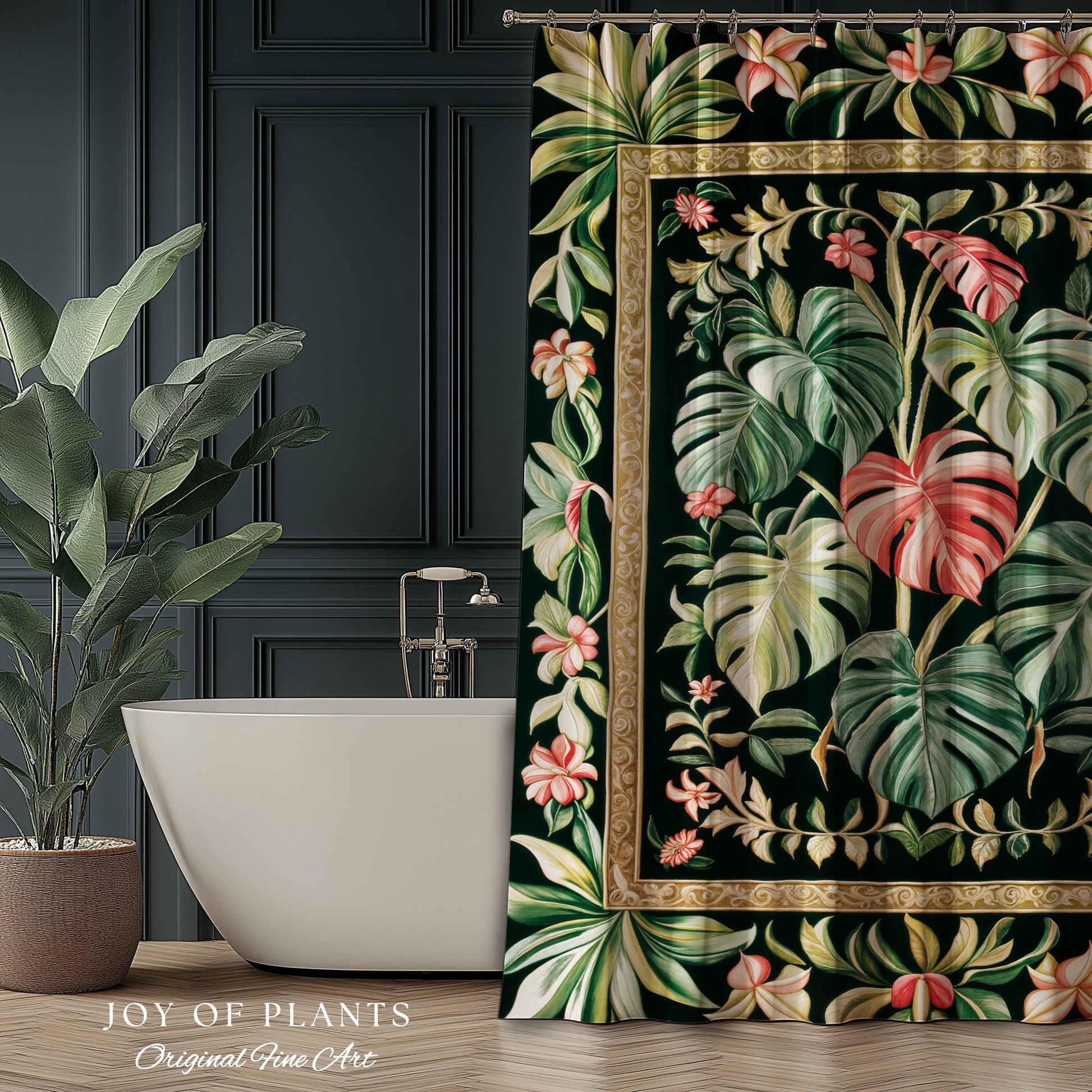 Earthy Vibes Monstera Shower Curtain | Cozy Forestcore Vintage Summer Bedspread Tropical Goth Aesthetic Cottagecore Leafy Bathroom