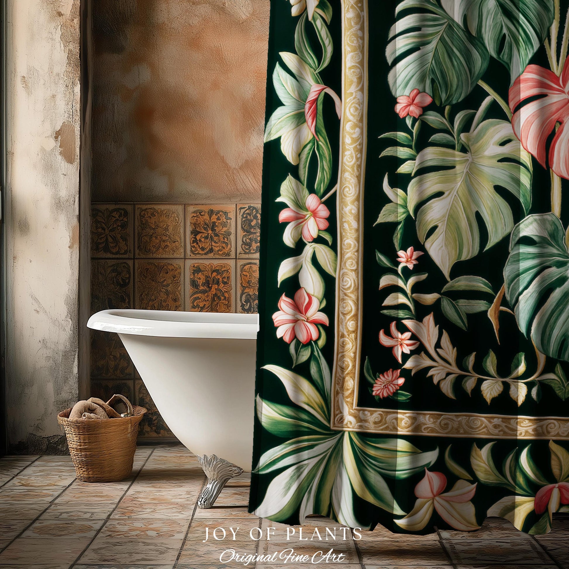 Earthy Vibes Monstera Shower Curtain | Cozy Forestcore Vintage Summer Bedspread Tropical Goth Aesthetic Cottagecore Leafy Bathroom