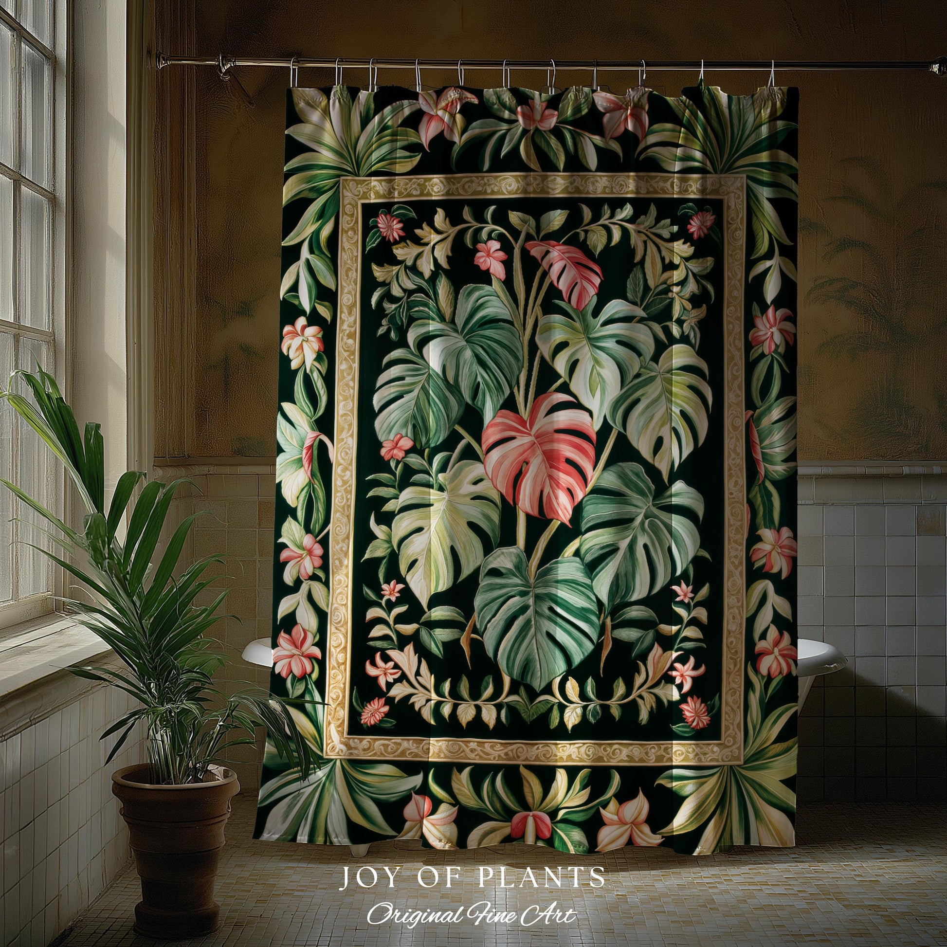 Earthy Vibes Monstera Shower Curtain | Cozy Forestcore Vintage Summer Bedspread Tropical Goth Aesthetic Cottagecore Leafy Bathroom