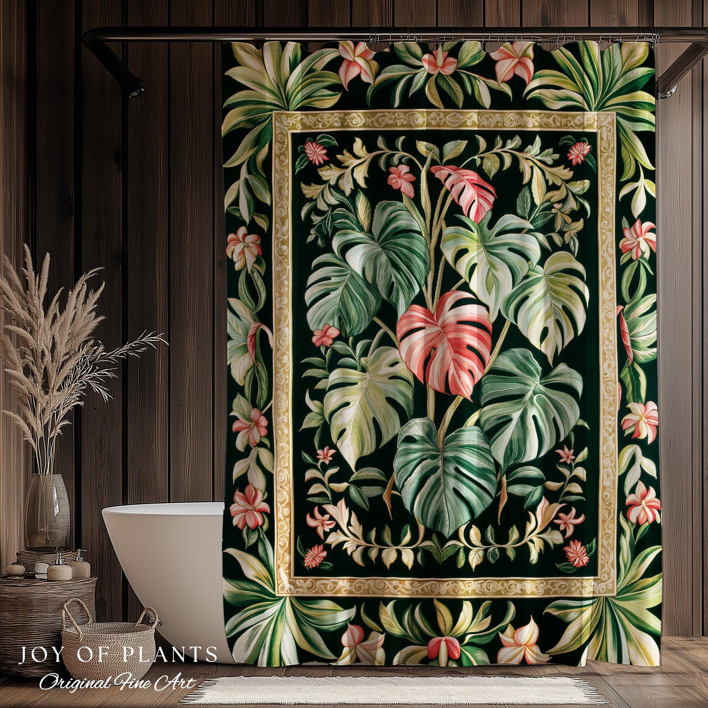 Earthy Vibes Monstera Shower Curtain | Cozy Forestcore Vintage Summer Bedspread Tropical Goth Aesthetic Cottagecore Leafy Bathroom