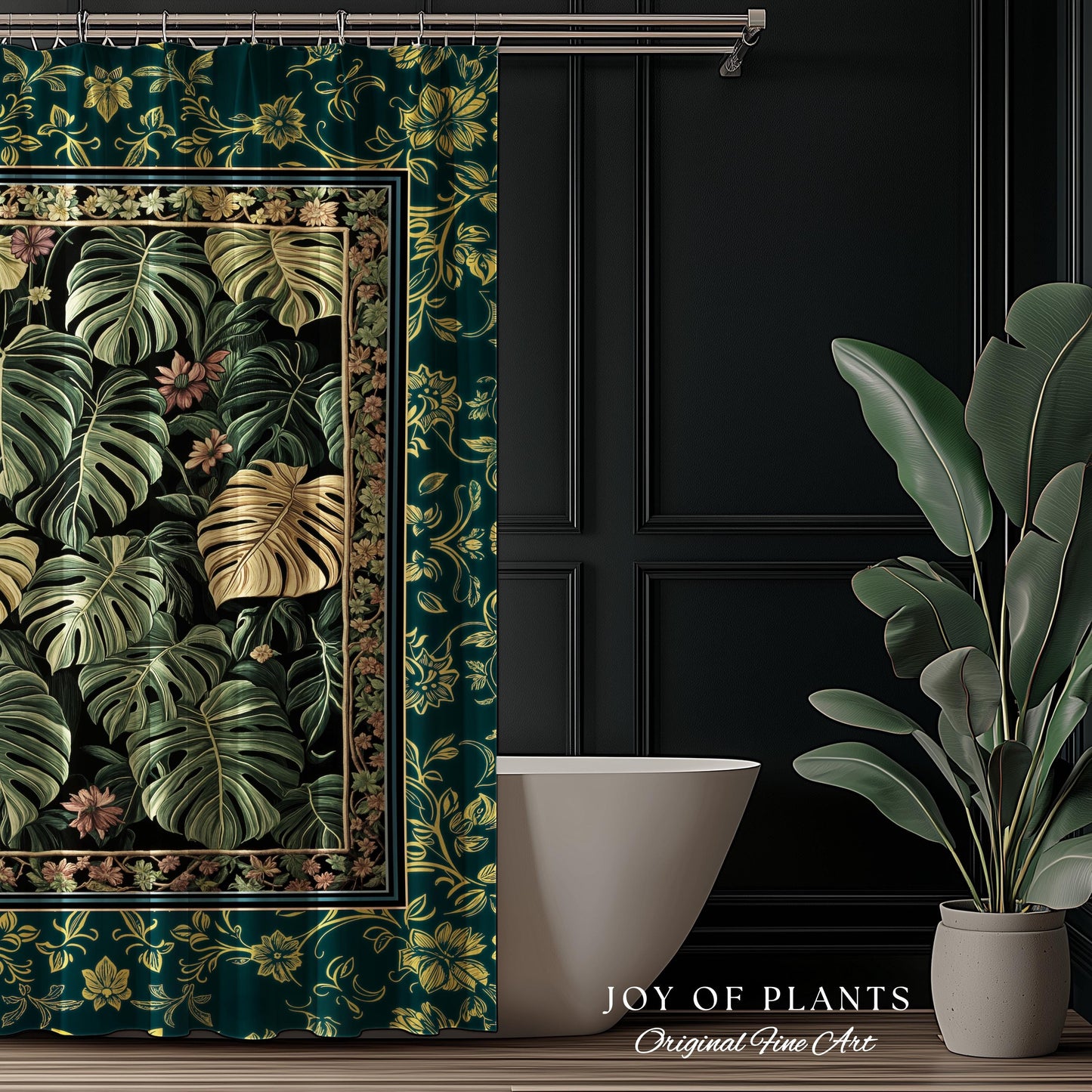 Monstera Shower Curtain Unique | Herbology Style Dark Cottagecore Tropical Aesthetic Dark Floral Houseplant Botanical Bathroom Whimsical |