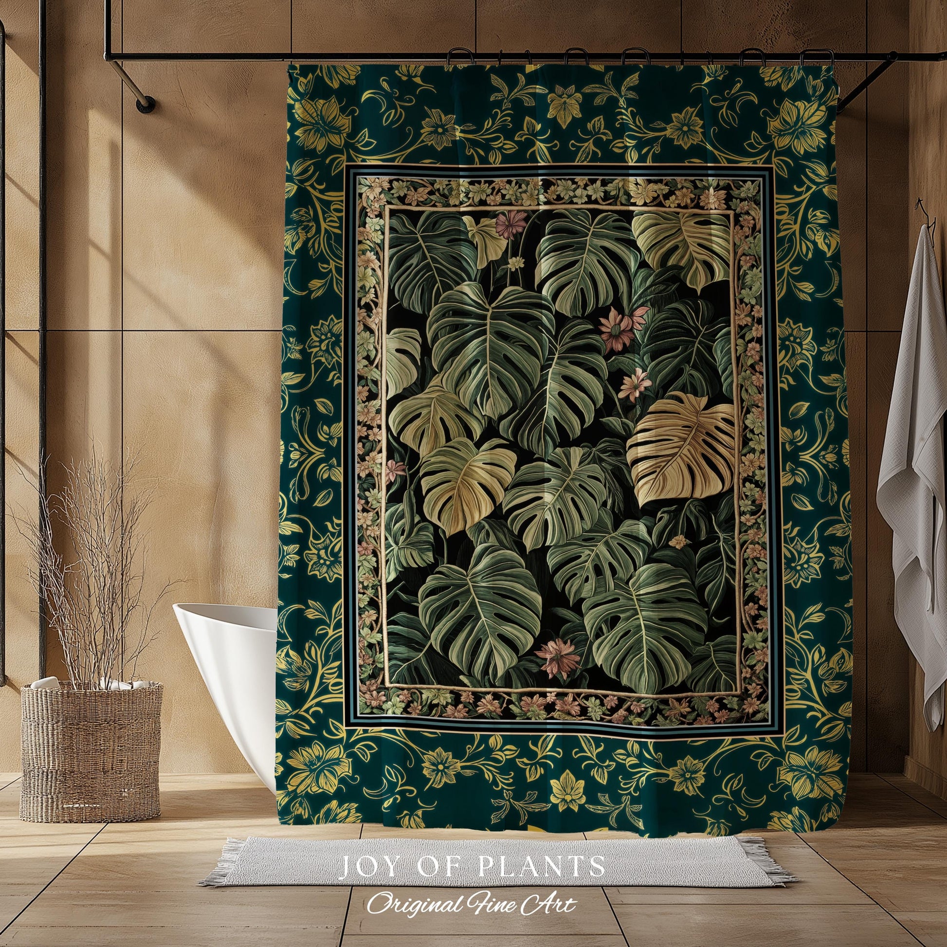 Monstera Shower Curtain Unique | Herbology Style Dark Cottagecore Tropical Aesthetic Dark Floral Houseplant Botanical Bathroom Whimsical |