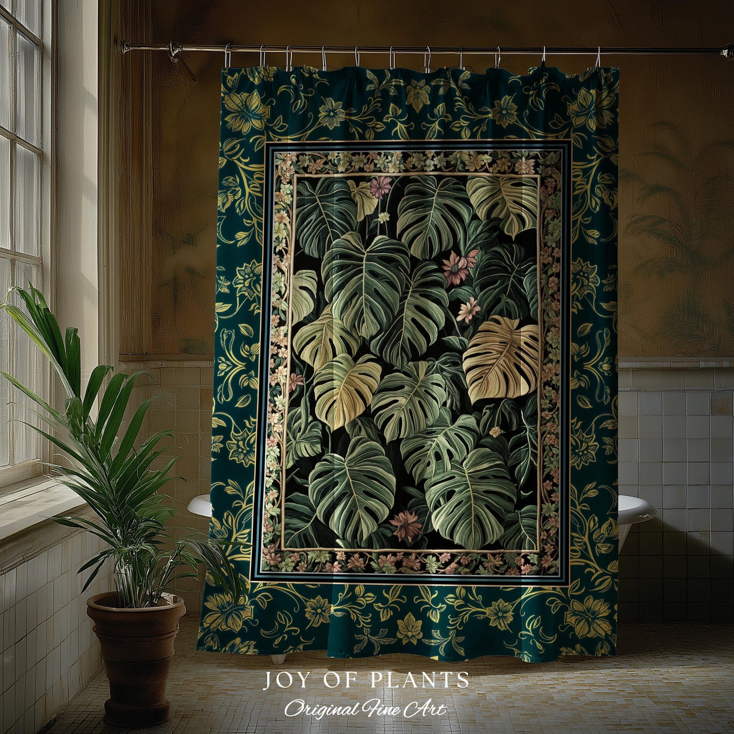 Monstera Shower Curtain Unique | Herbology Style Dark Cottagecore Tropical Aesthetic Dark Floral Houseplant Botanical Bathroom Whimsical |
