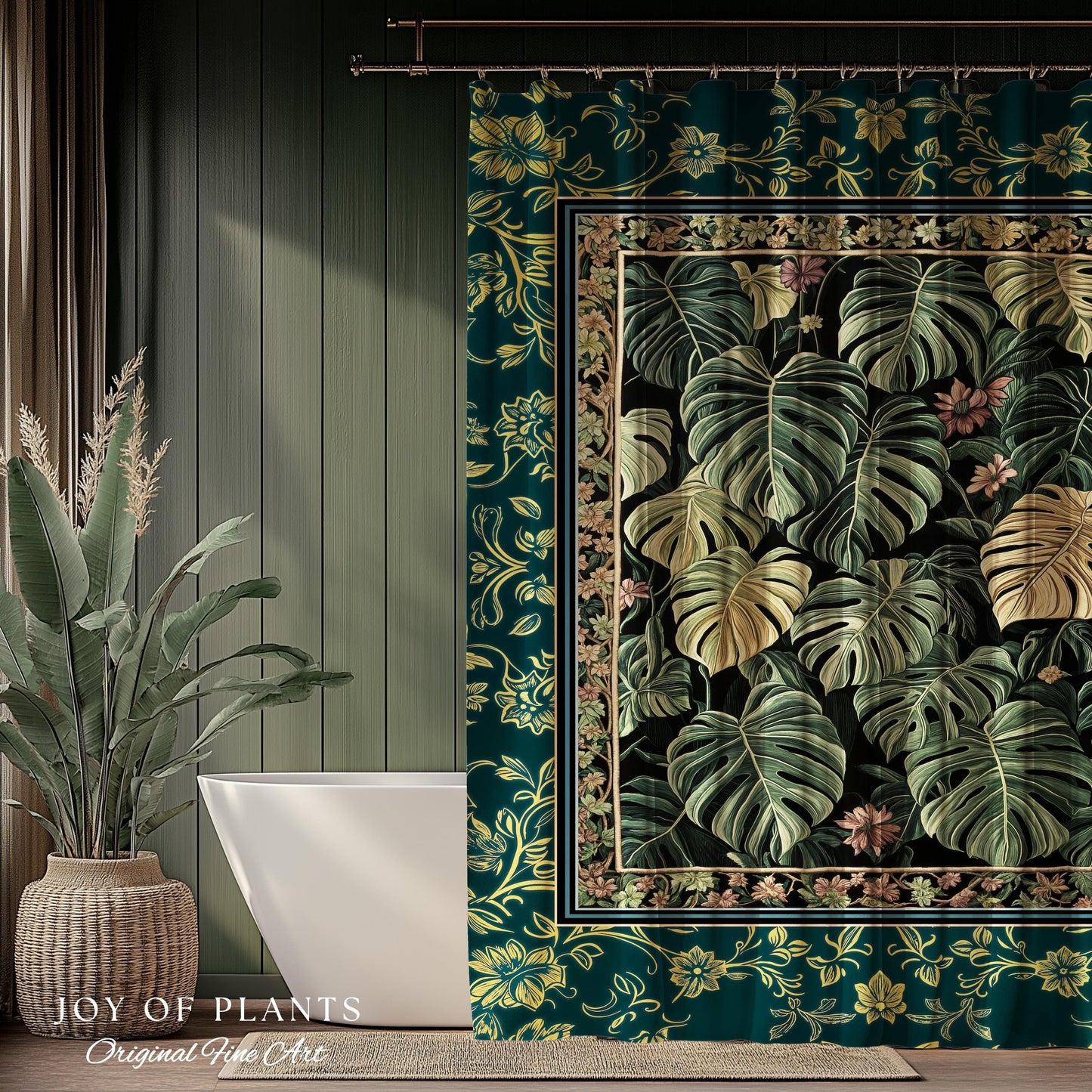 Monstera Shower Curtain Unique | Herbology Style Dark Cottagecore Tropical Aesthetic Dark Floral Houseplant Botanical Bathroom Whimsical |