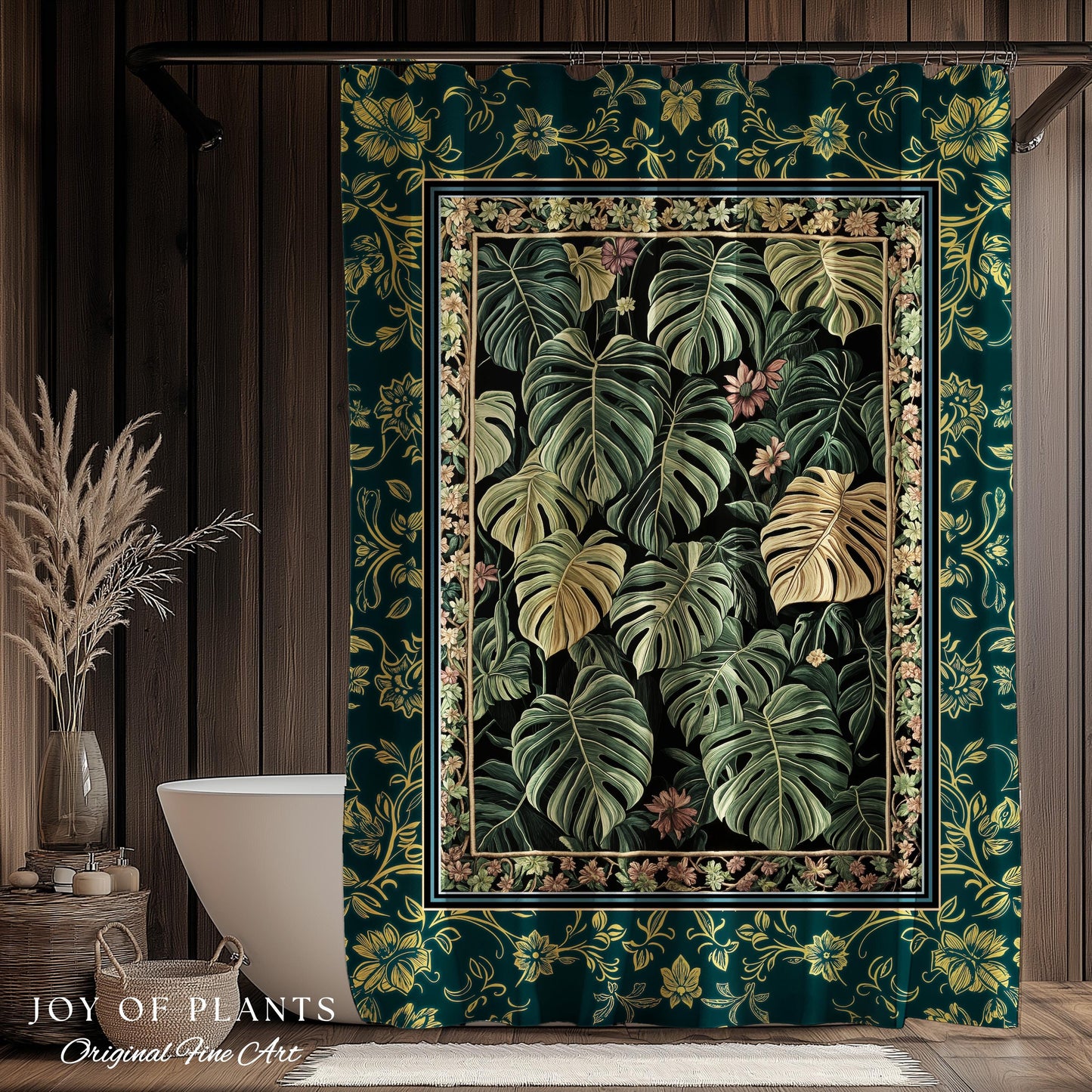 Monstera Shower Curtain Unique | Herbology Style Dark Cottagecore Tropical Aesthetic Dark Floral Houseplant Botanical Bathroom Whimsical |