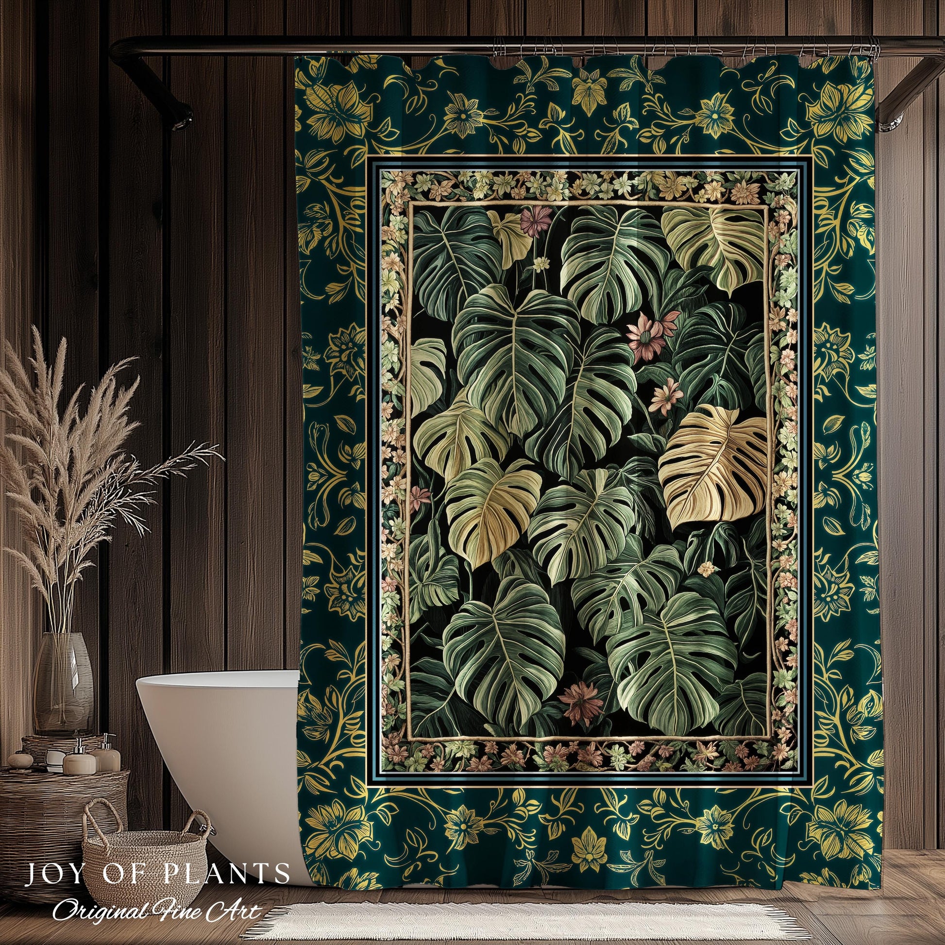Monstera Shower Curtain Unique | Herbology Style Dark Cottagecore Tropical Aesthetic Dark Floral Houseplant Botanical Bathroom Whimsical |