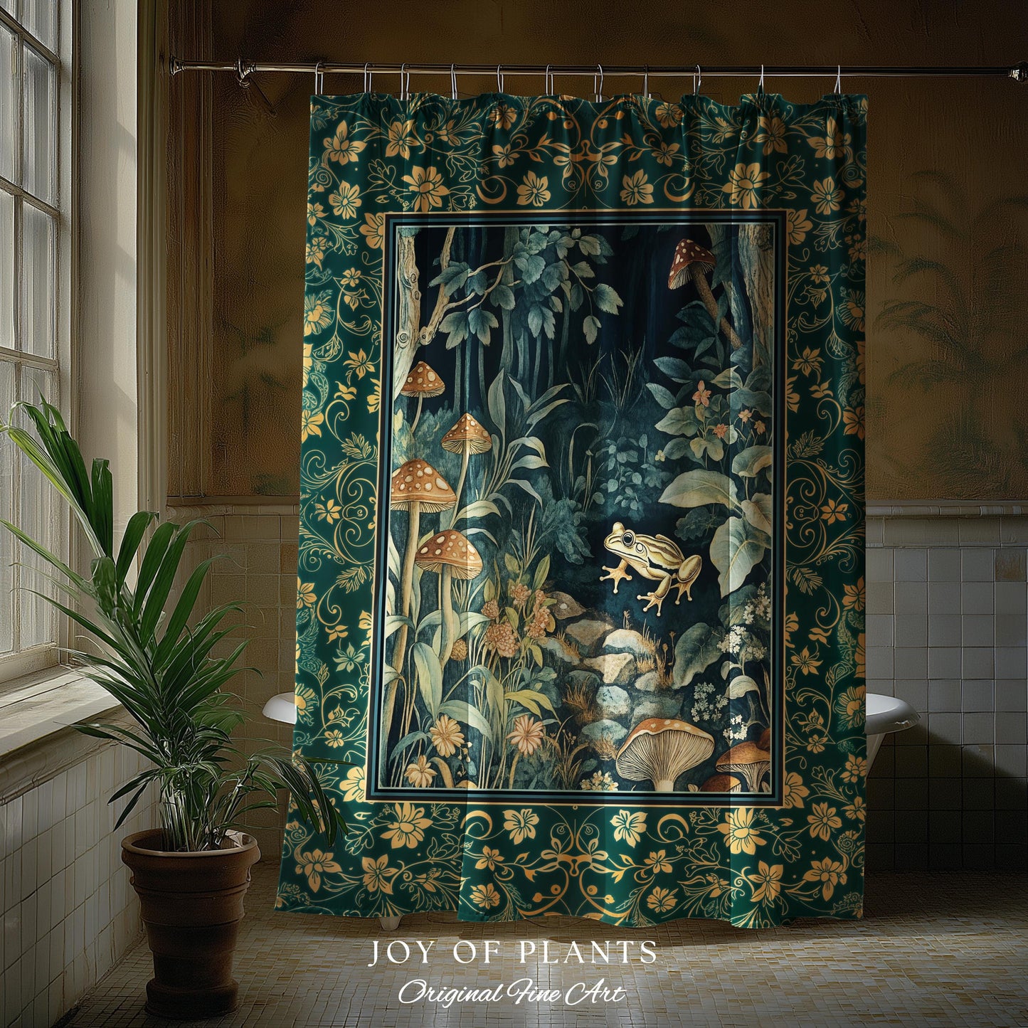 Retro Fungi Forest Shower Curtain | Botanical Wonders Mystic Cute Outdoorsy Eclectic Bathroom Goblincore Fairycore Woodland Theme Tropical |