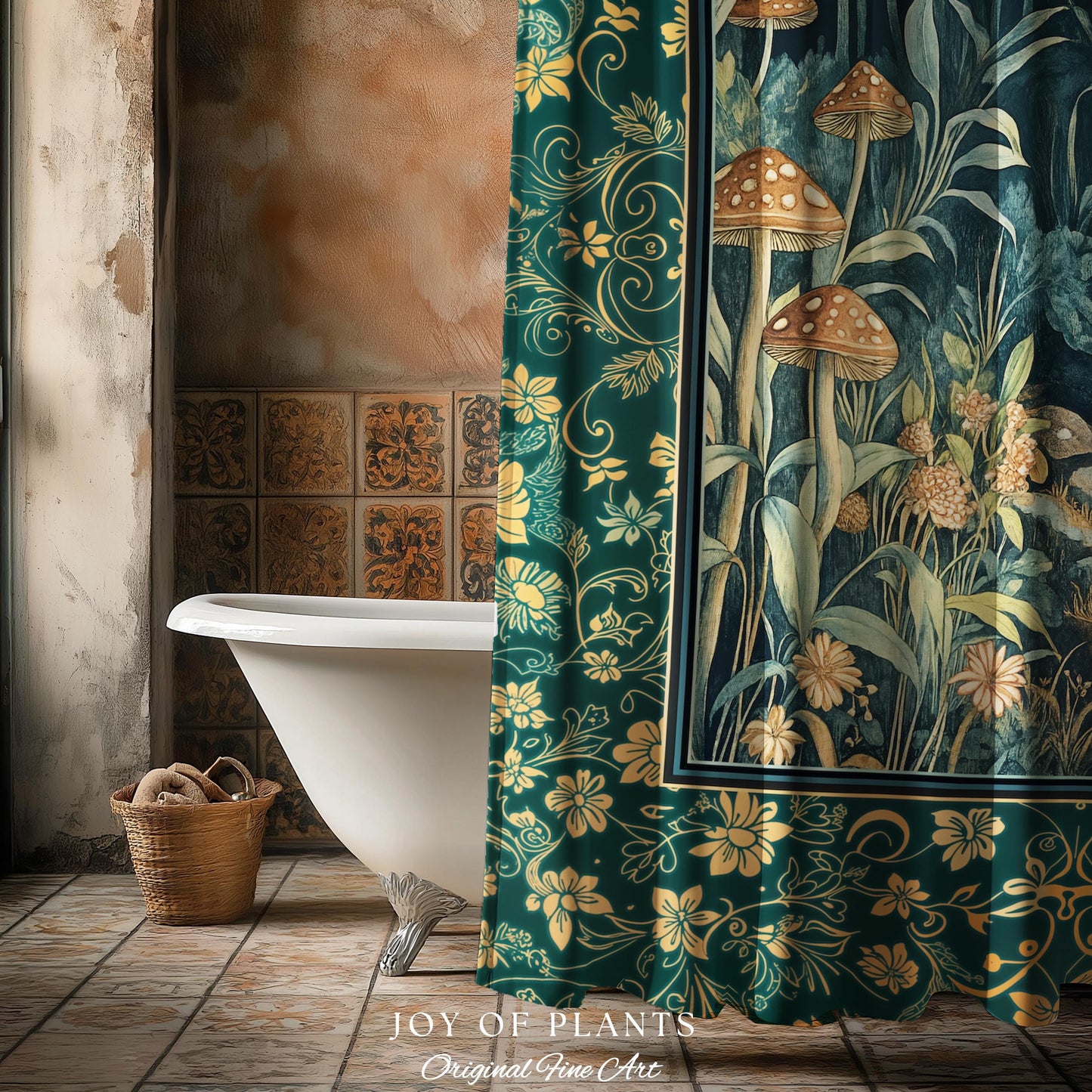 Retro Fungi Forest Shower Curtain | Botanical Wonders Mystic Cute Outdoorsy Eclectic Bathroom Goblincore Fairycore Woodland Theme Tropical |