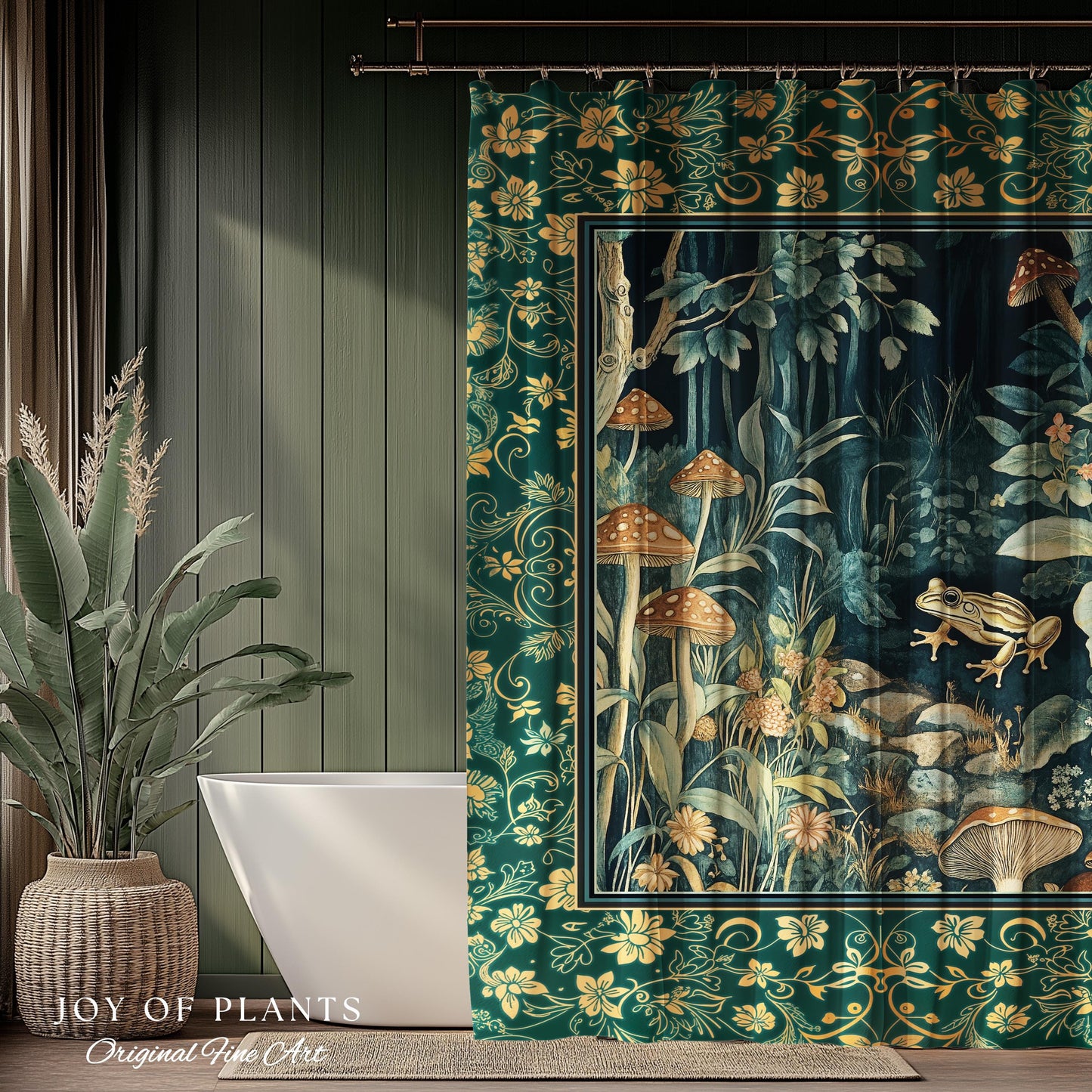 Retro Fungi Forest Shower Curtain | Botanical Wonders Mystic Cute Outdoorsy Eclectic Bathroom Goblincore Fairycore Woodland Theme Tropical |