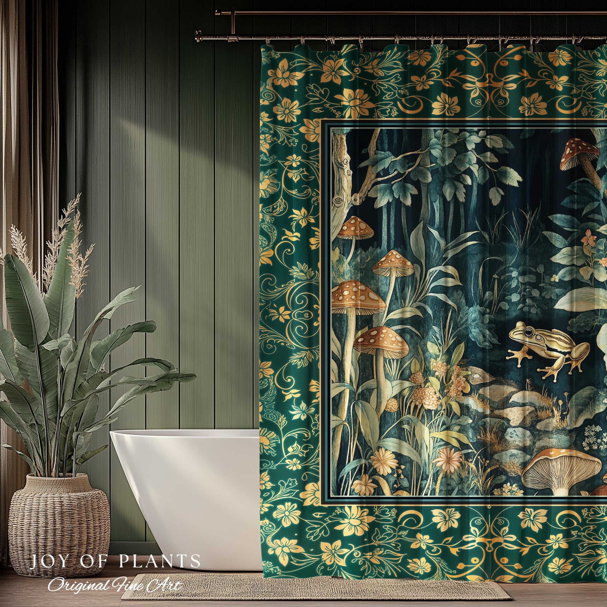 Retro Fungi Forest Shower Curtain | Botanical Wonders Mystic Cute Outdoorsy Eclectic Bathroom Goblincore Fairycore Woodland Theme Tropical |