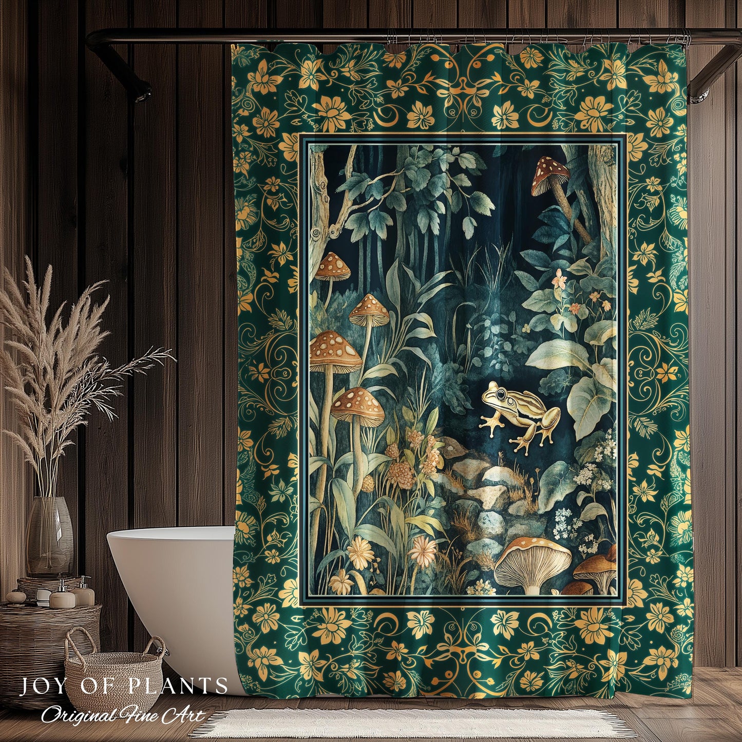 Retro Fungi Forest Shower Curtain | Botanical Wonders Mystic Cute Outdoorsy Eclectic Bathroom Goblincore Fairycore Woodland Theme Tropical |