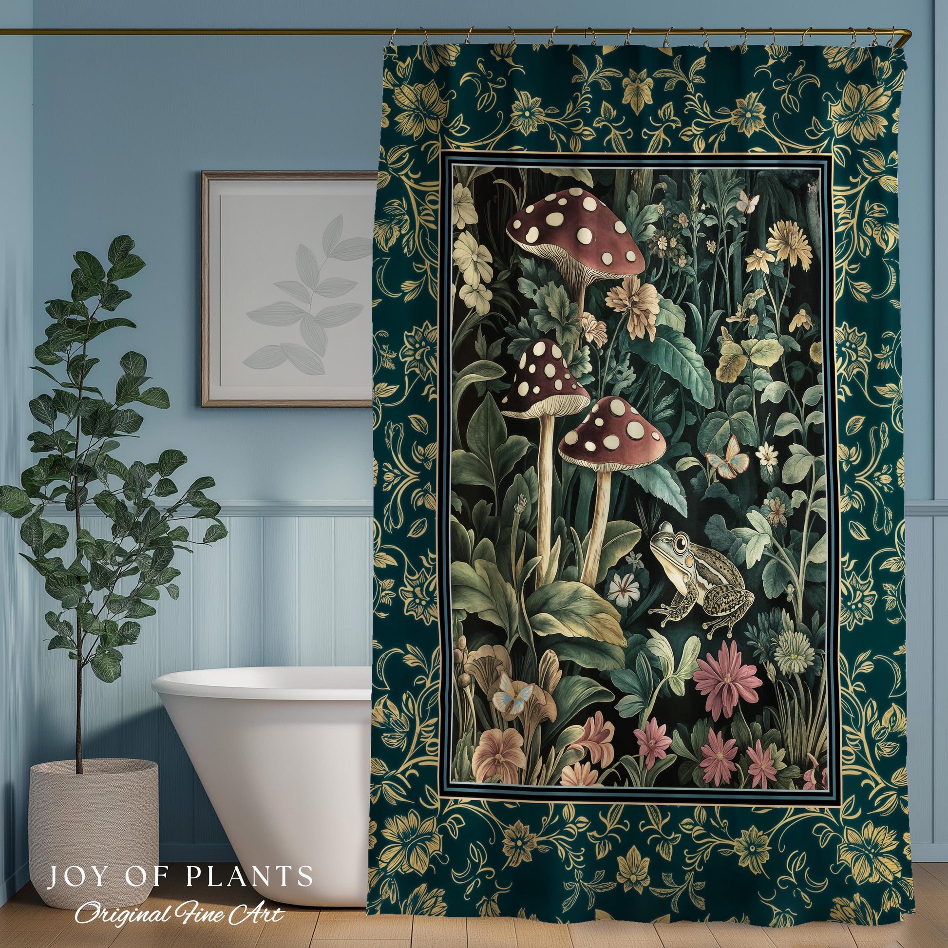 Fairytale Forest Mushroom Frog Shower Curtain | Trendy Aesthetic Cottagecore Botanical Curtain for Emerald Green Bathroom Funky Woodland |