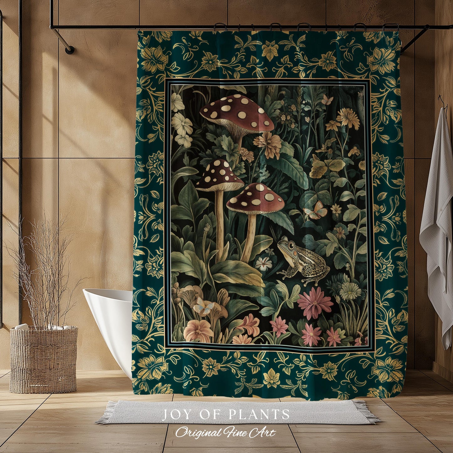 Fairytale Forest Mushroom Frog Shower Curtain | Trendy Aesthetic Cottagecore Botanical Curtain for Emerald Green Bathroom Funky Woodland |