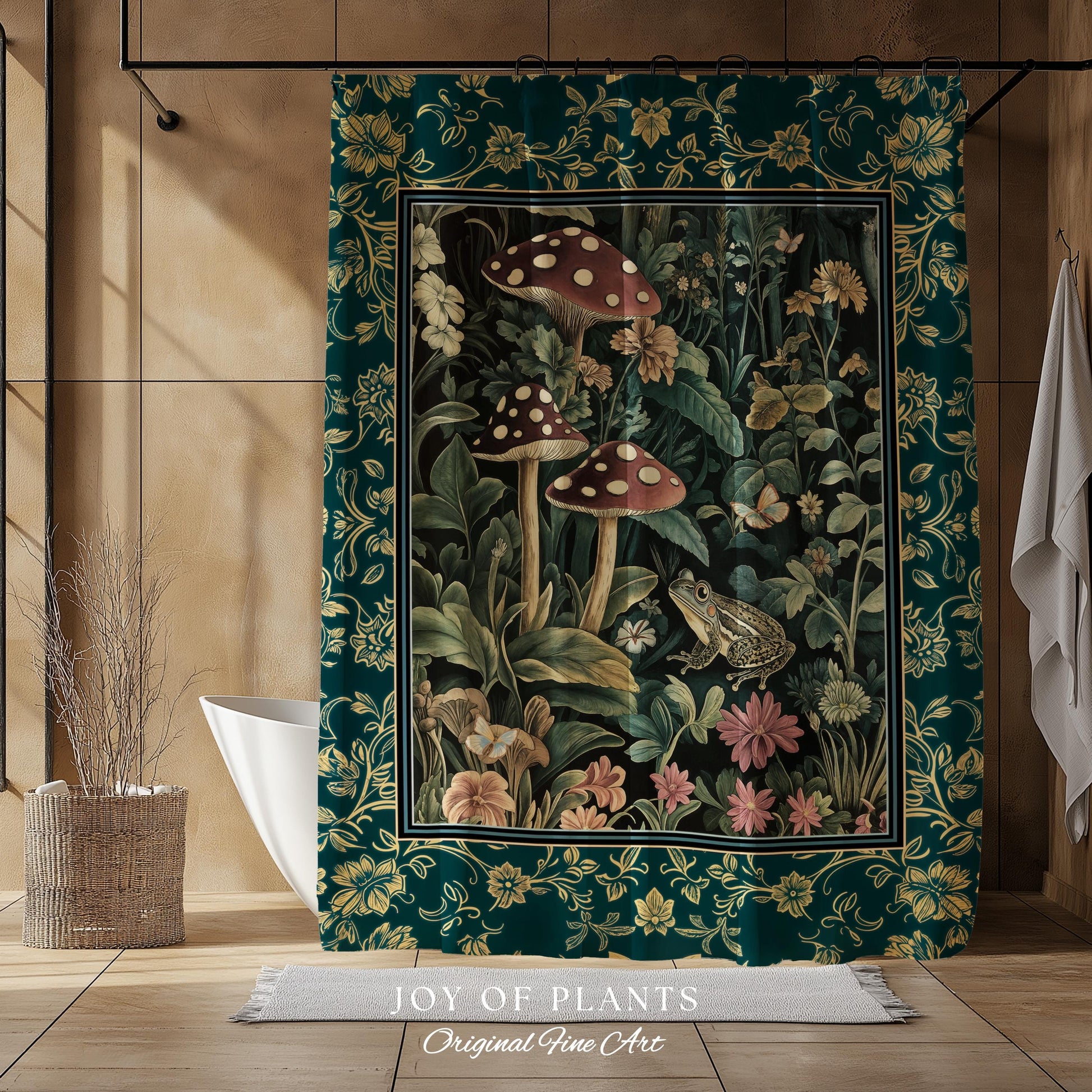 Fairytale Forest Mushroom Frog Shower Curtain | Trendy Aesthetic Cottagecore Botanical Curtain for Emerald Green Bathroom Funky Woodland |