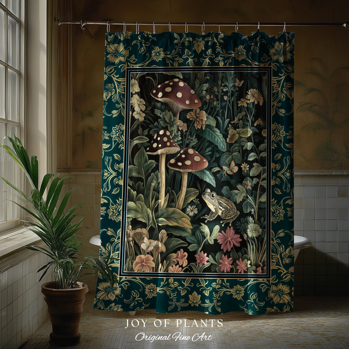Fairytale Forest Mushroom Frog Shower Curtain | Trendy Aesthetic Cottagecore Botanical Curtain for Emerald Green Bathroom Funky Woodland |