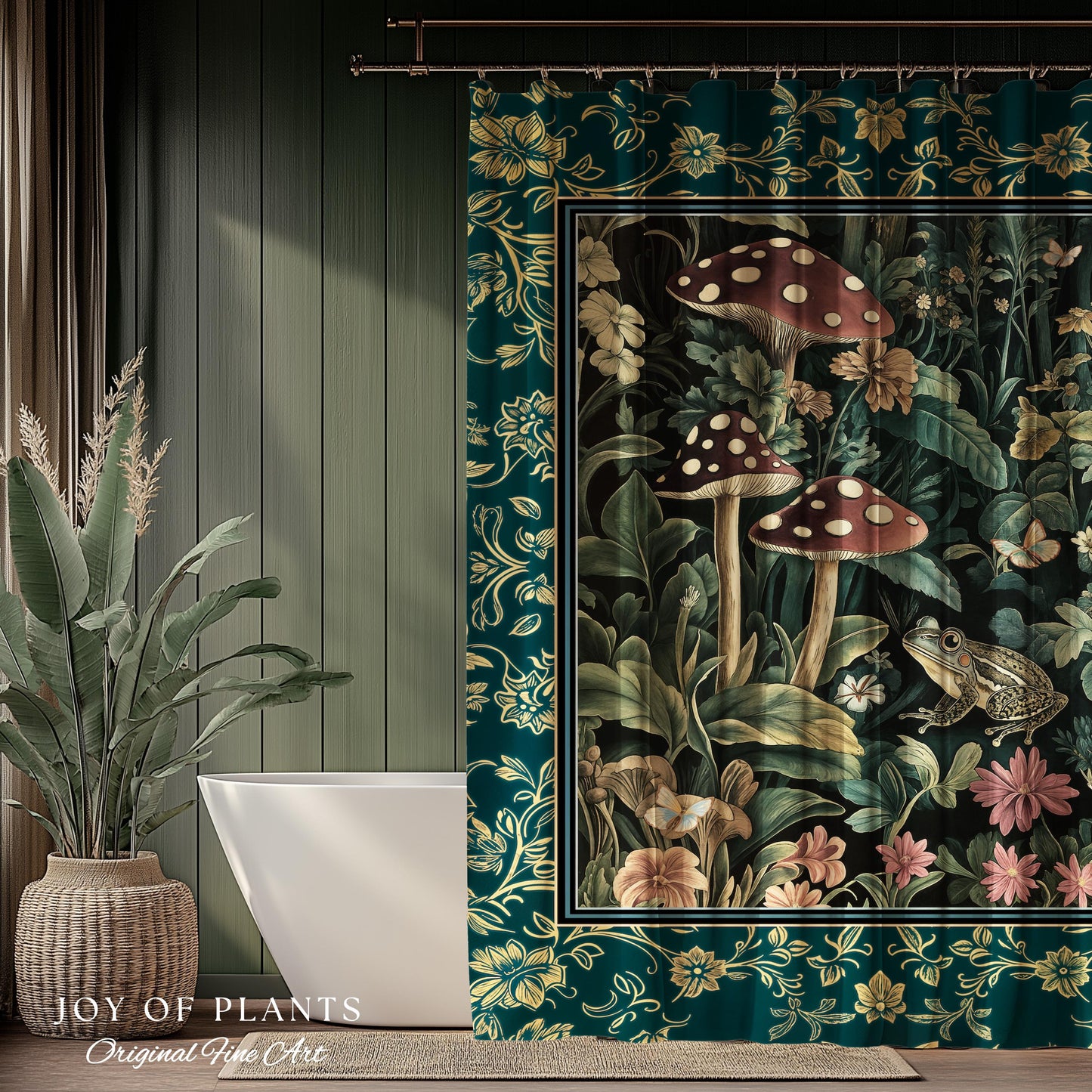 Fairytale Forest Mushroom Frog Shower Curtain | Trendy Aesthetic Cottagecore Botanical Curtain for Emerald Green Bathroom Funky Woodland |