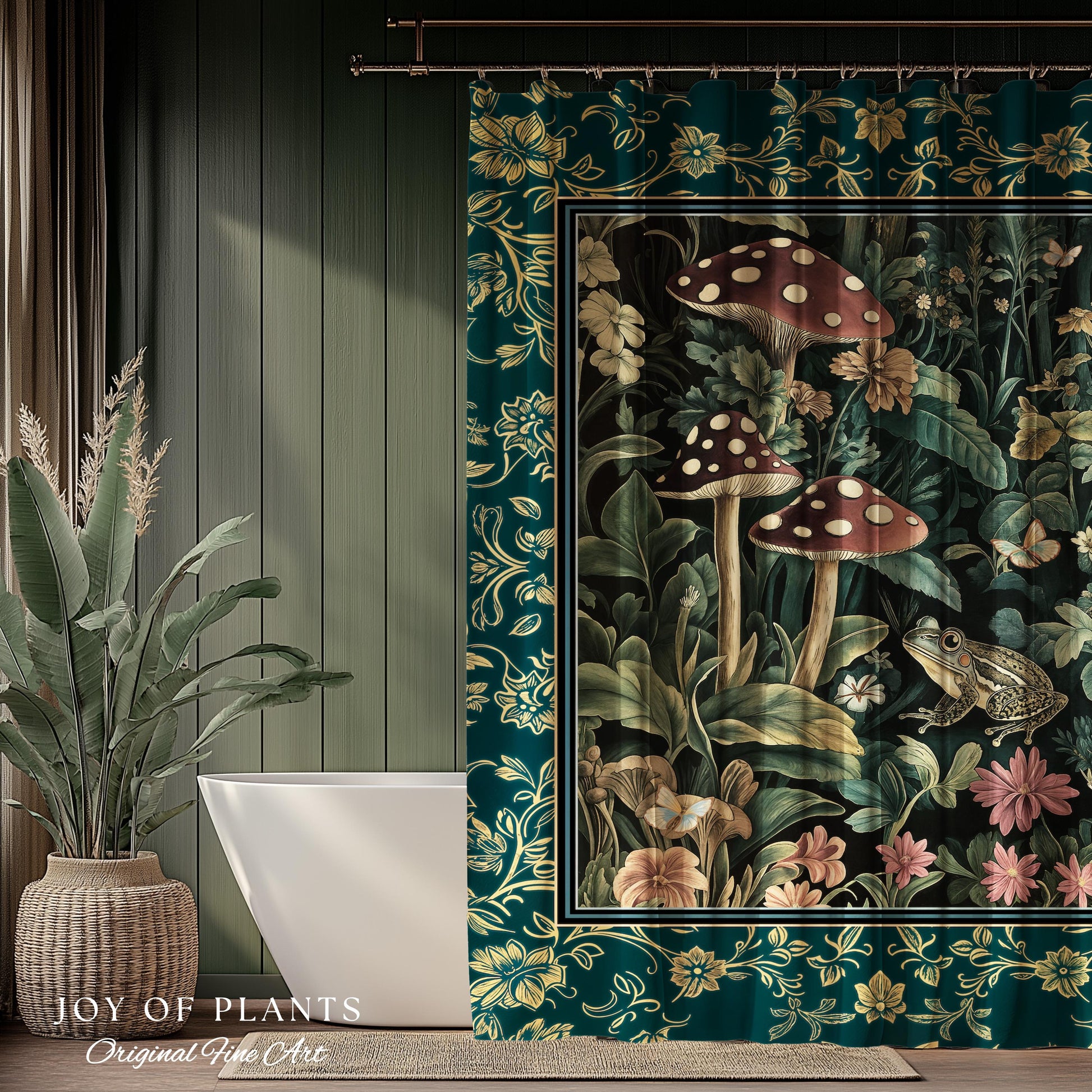 Fairytale Forest Mushroom Frog Shower Curtain | Trendy Aesthetic Cottagecore Botanical Curtain for Emerald Green Bathroom Funky Woodland |
