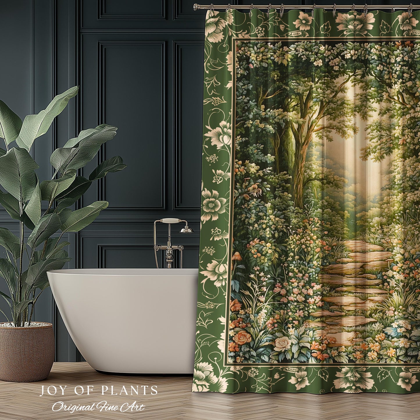 Mystic Garden Fairytale Landscape Shower Curtain | Fairycore Woodland Nature Lover Aesthetic Cozy Earthy Bathroom Decor Whimsical Floral |