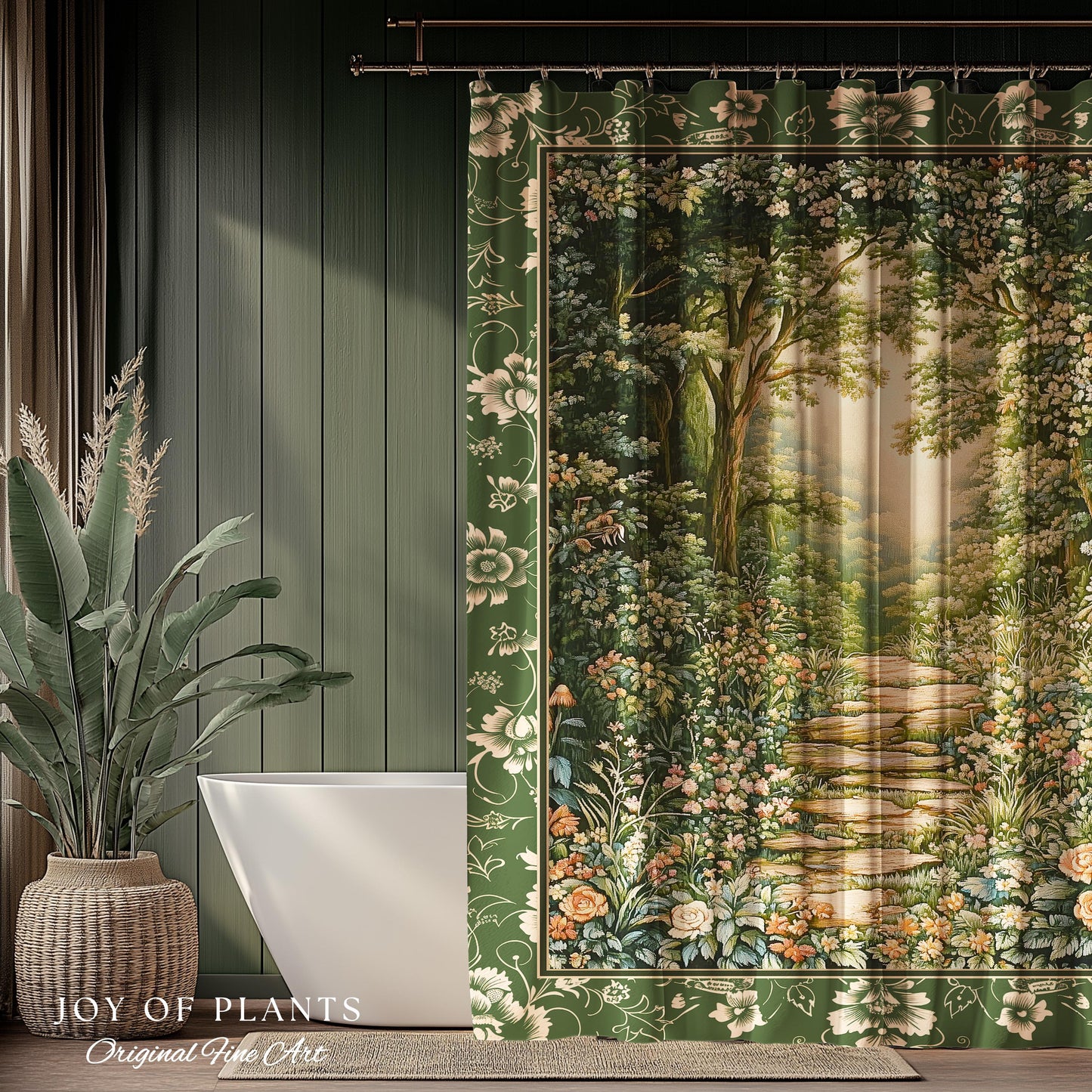 Mystic Garden Fairytale Landscape Shower Curtain | Fairycore Woodland Nature Lover Aesthetic Cozy Earthy Bathroom Decor Whimsical Floral |
