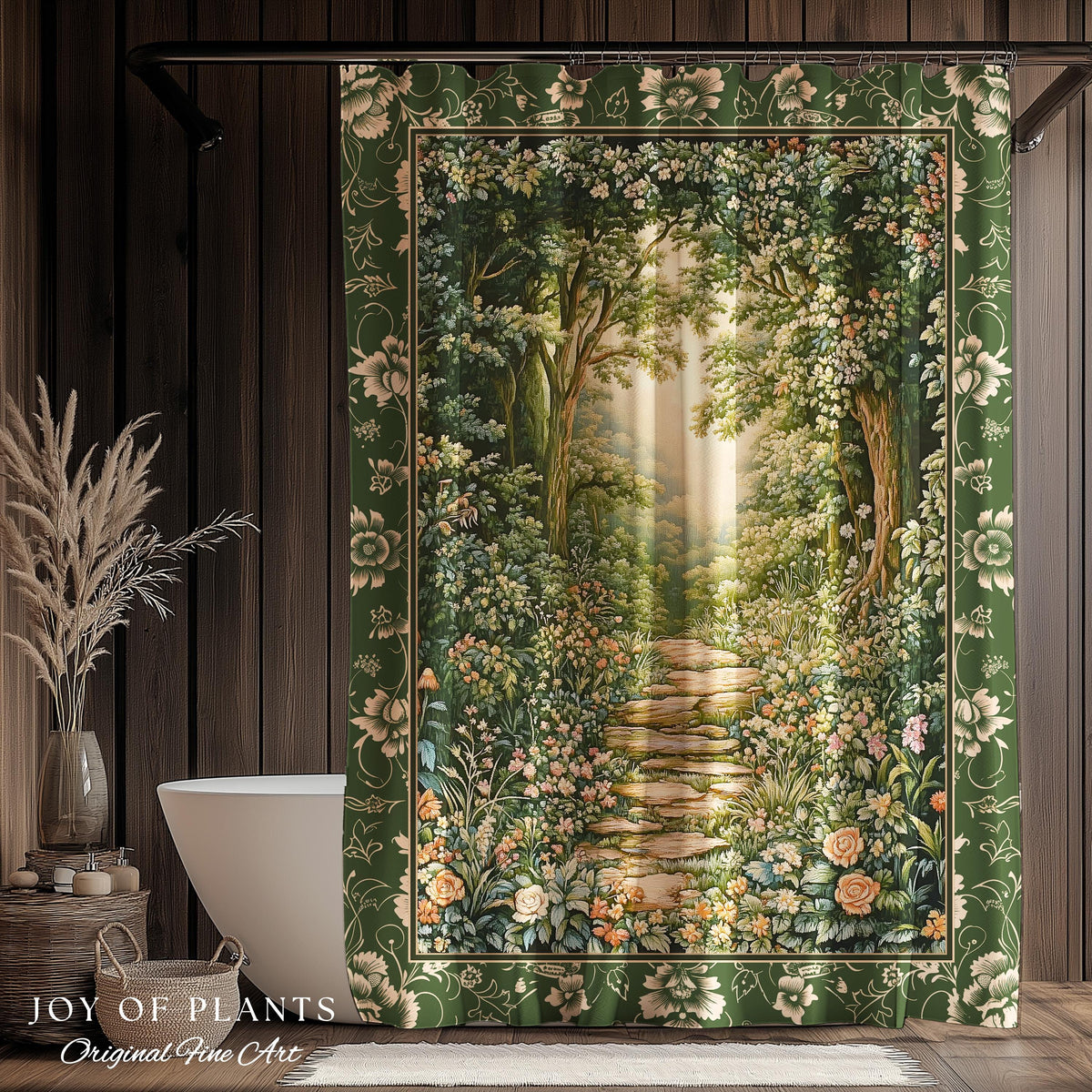 Mystic Garden Fairytale Landscape Shower Curtain | Fairycore Woodland Nature Lover Aesthetic Cozy Earthy Bathroom Decor Whimsical Floral |