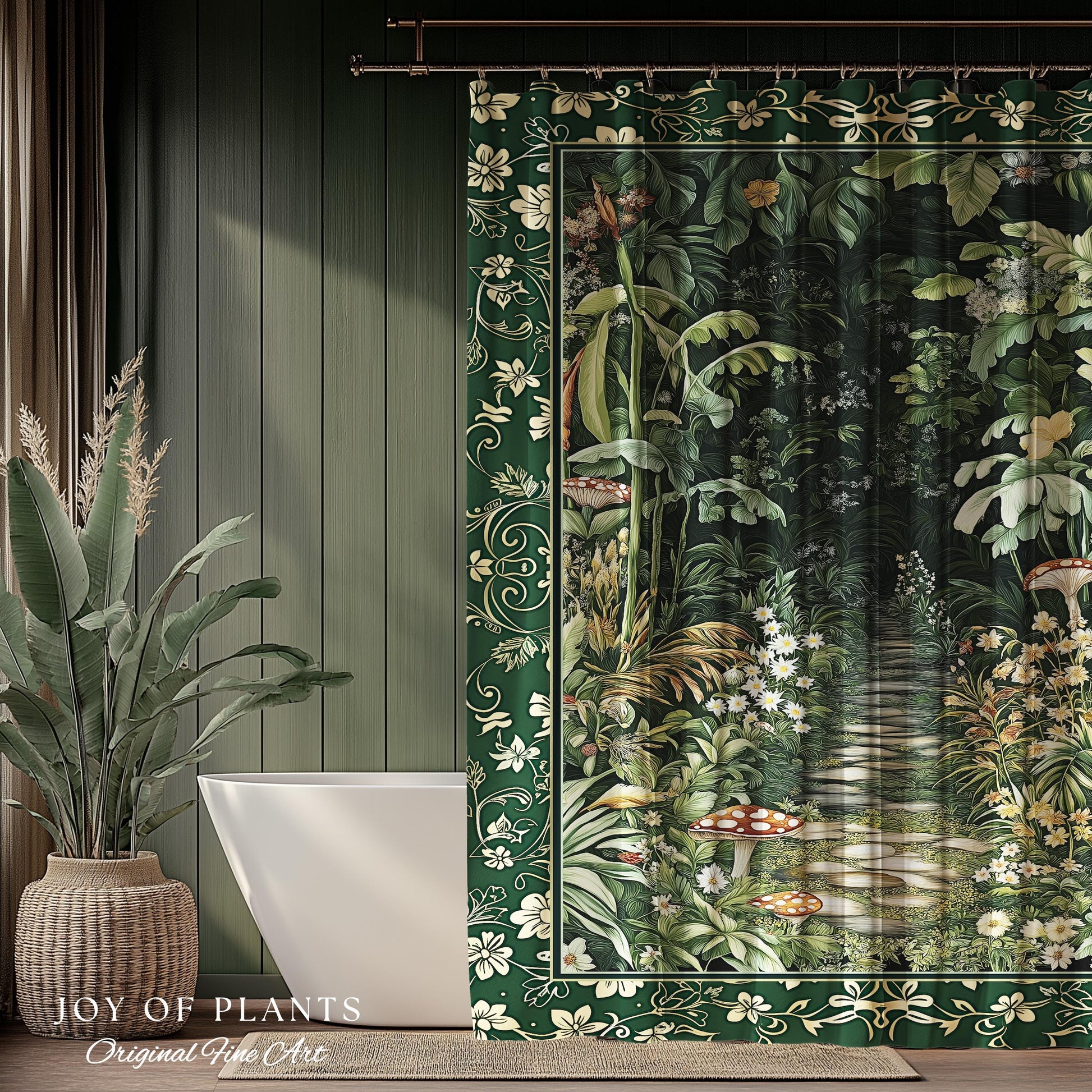Soft Green Woodland Shower Curtain for Bathroom | Fairycore Woodland Nature Lover Book Nook Cozy Earthy Decor Jungle Whimsical Aesthetic |