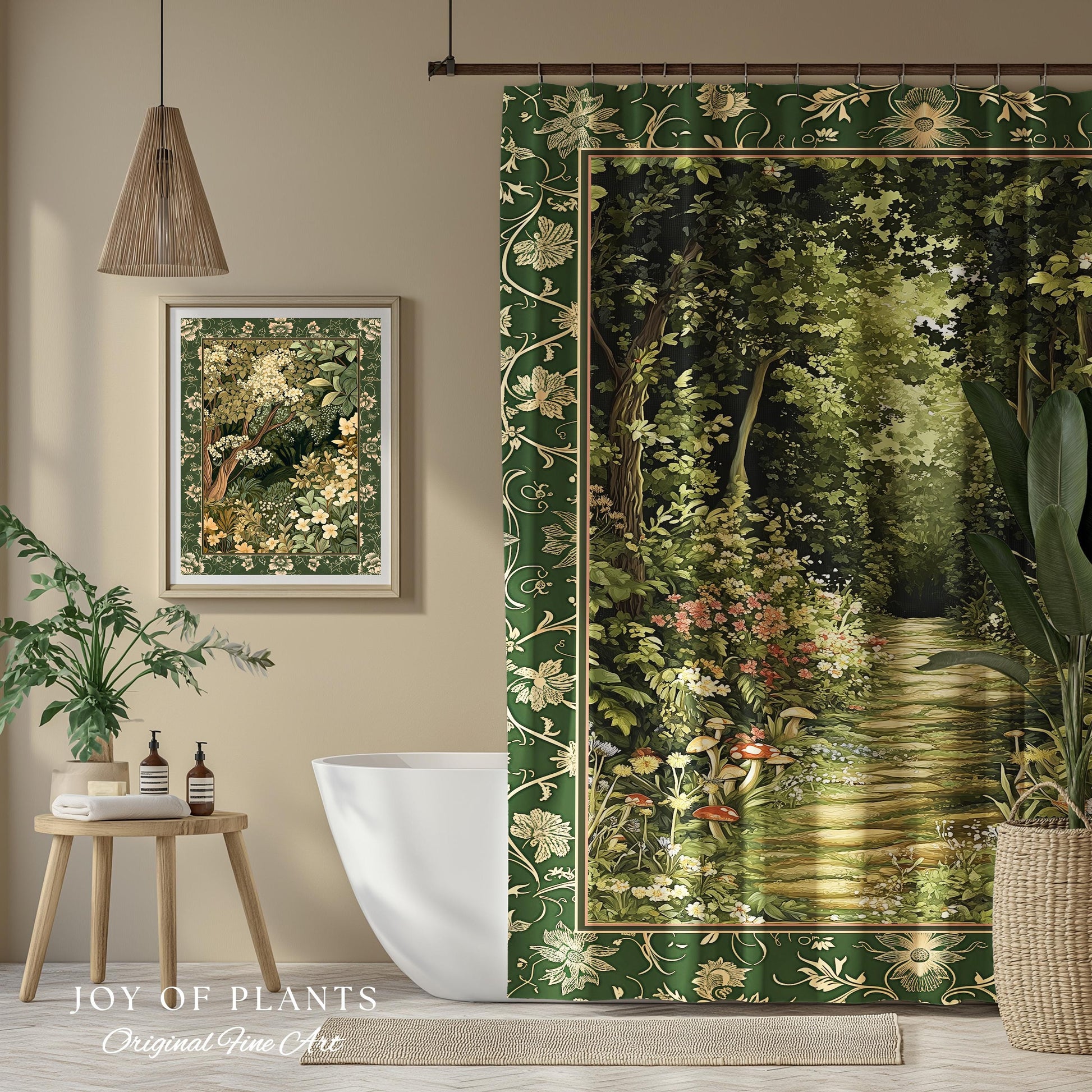 Natural Plants Ethereal Folklore Shower Curtain | Woodland Fairy Inspired Nature Lover Bathroom Cozy Earthy Botanical Accent Mystical Floral