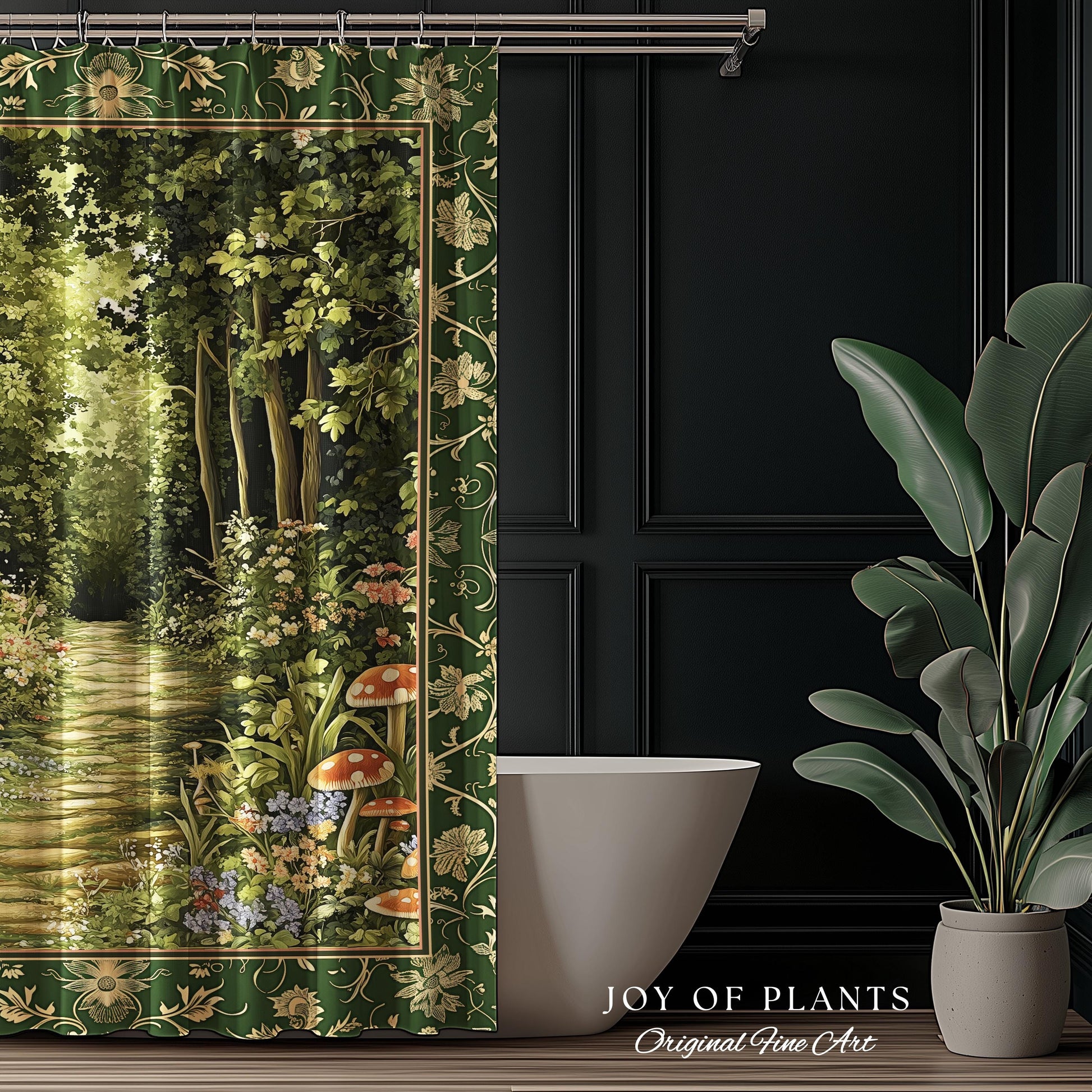 Natural Plants Ethereal Folklore Shower Curtain | Woodland Fairy Inspired Nature Lover Bathroom Cozy Earthy Botanical Accent Mystical Floral