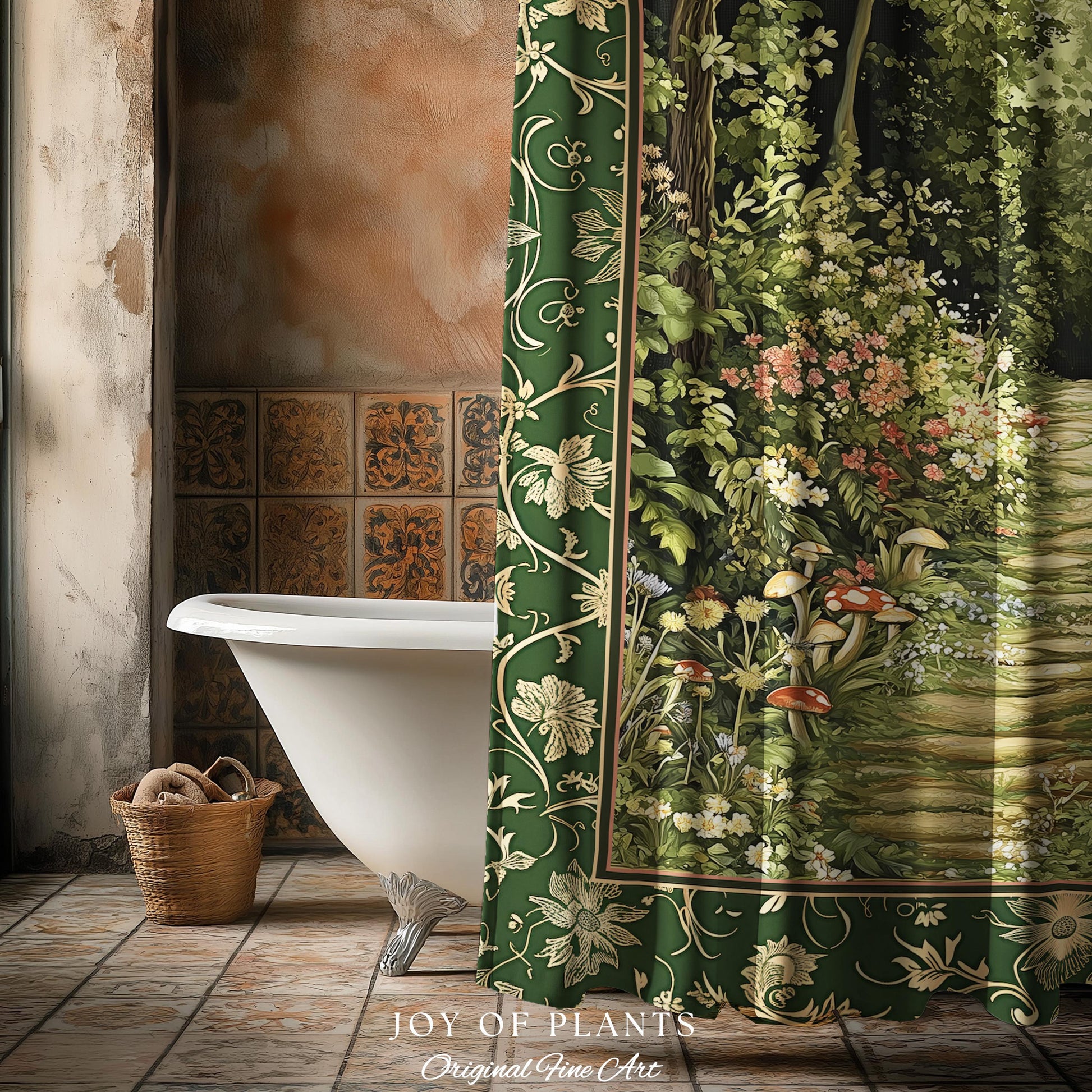 Natural Plants Ethereal Folklore Shower Curtain | Woodland Fairy Inspired Nature Lover Bathroom Cozy Earthy Botanical Accent Mystical Floral