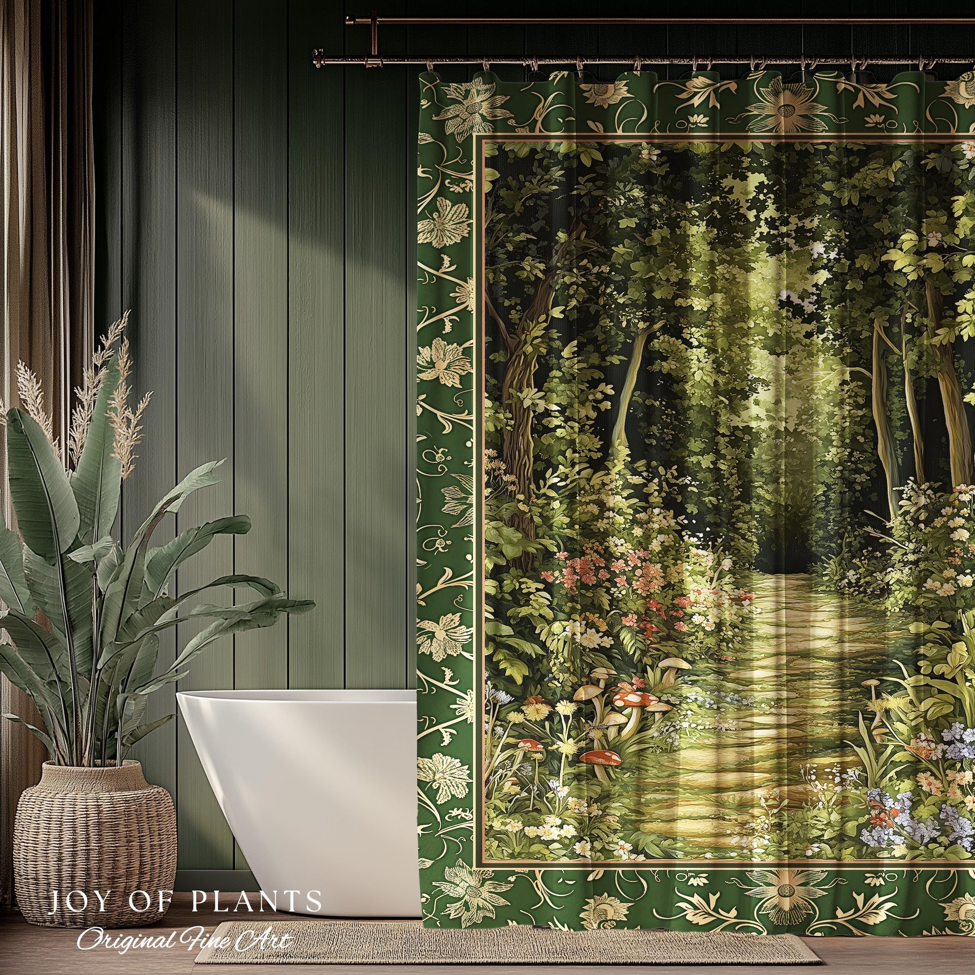 Natural Plants Ethereal Folklore Shower Curtain | Woodland Fairy Inspired Nature Lover Bathroom Cozy Earthy Botanical Accent Mystical Floral