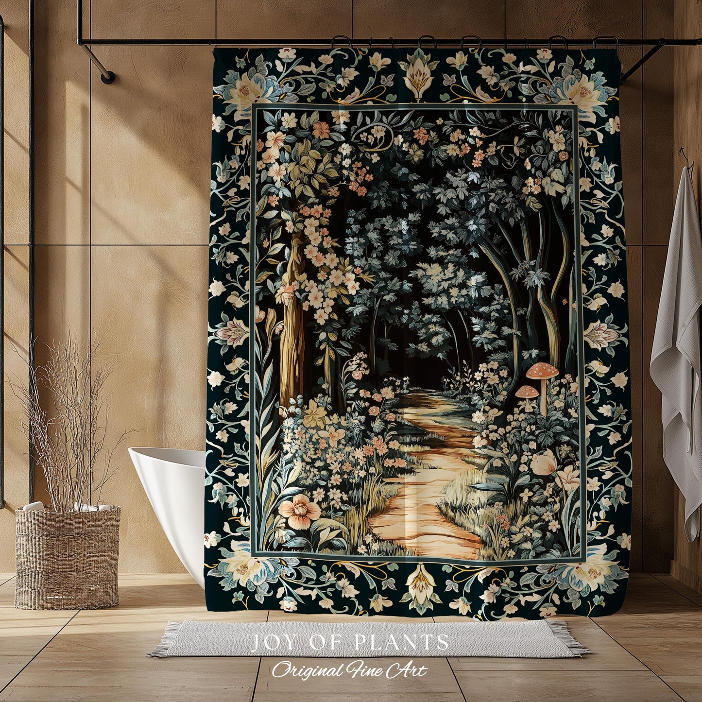 Dreamy Forest Landscape Botanical Shower Curtain | Misty Forest Dark Cottagecore Aesthetic Fairycore Bathroom Magical Jungle Decor Floral |