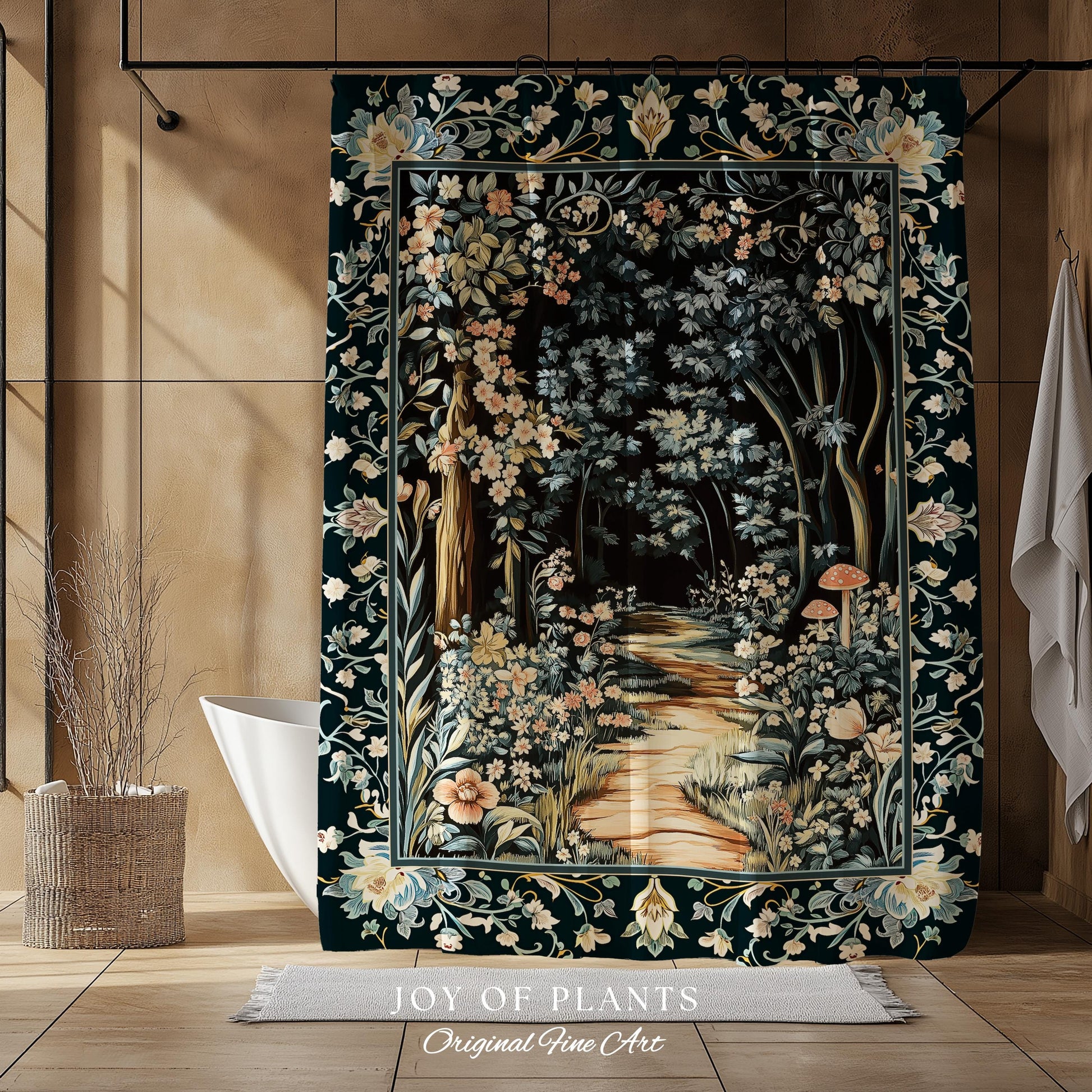Dreamy Forest Landscape Botanical Shower Curtain | Misty Forest Dark Cottagecore Aesthetic Fairycore Bathroom Magical Jungle Decor Floral |
