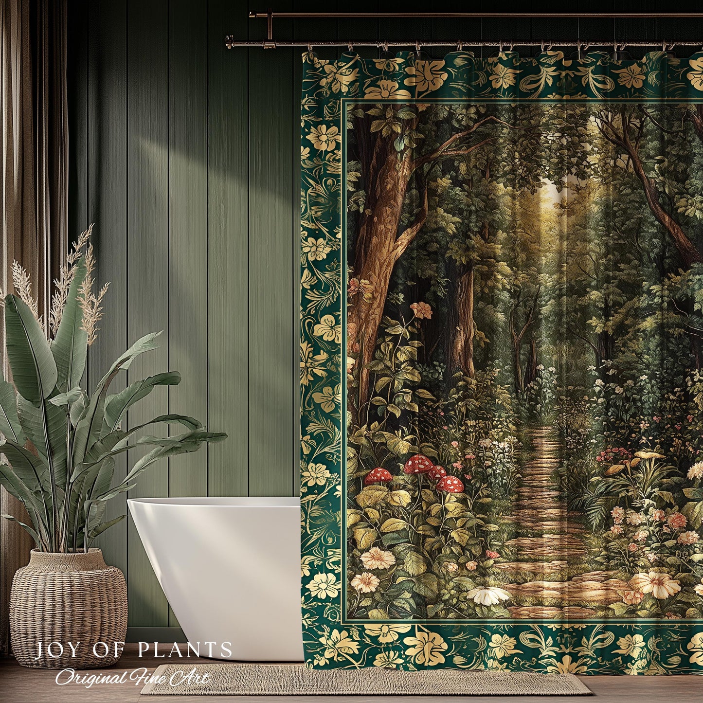 Botanical Bathroom Shower Curtain Fairycore | Woodland Mushroom Aesthetic Nature Lover Bookish Style Mushroom Fairy Core Emerald Green Decor