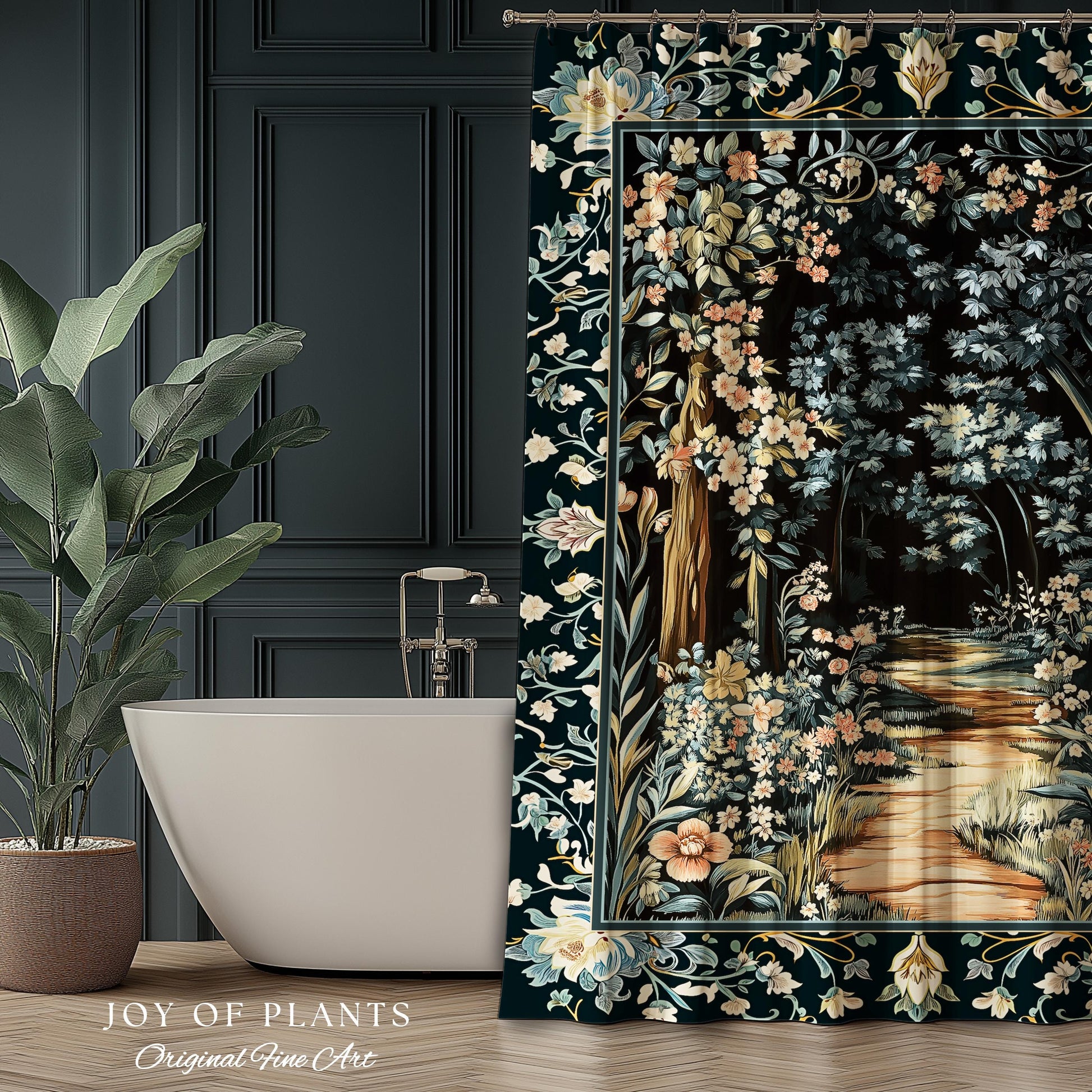 Dreamy Forest Landscape Botanical Shower Curtain | Misty Forest Dark Cottagecore Aesthetic Fairycore Bathroom Magical Jungle Decor Floral |