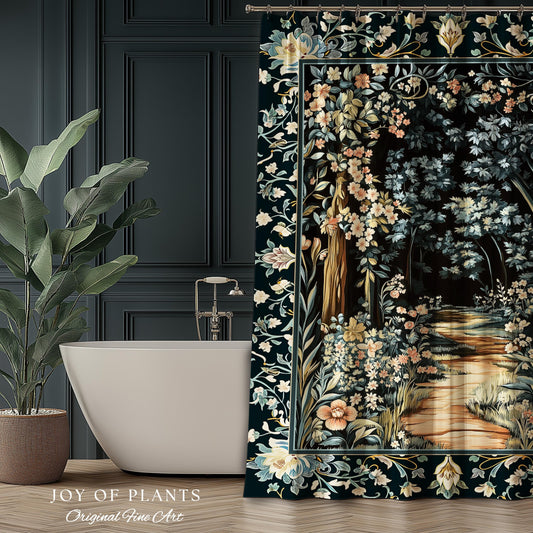 Dreamy Forest Landscape Botanical Shower Curtain | Misty Forest Dark Cottagecore Aesthetic Fairycore Bathroom Magical Jungle Decor Floral |