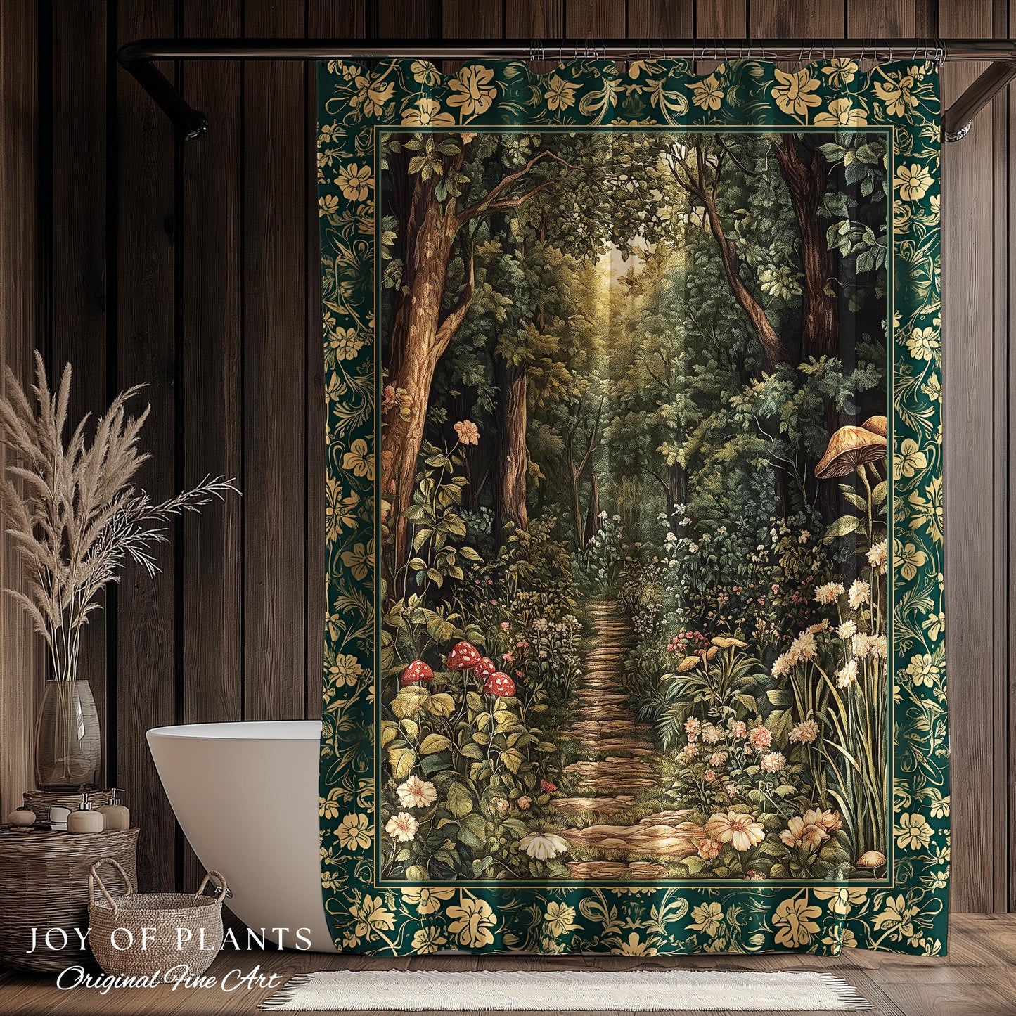 Botanical Bathroom Shower Curtain Fairycore | Woodland Mushroom Aesthetic Nature Lover Bookish Style Mushroom Fairy Core Emerald Green Decor