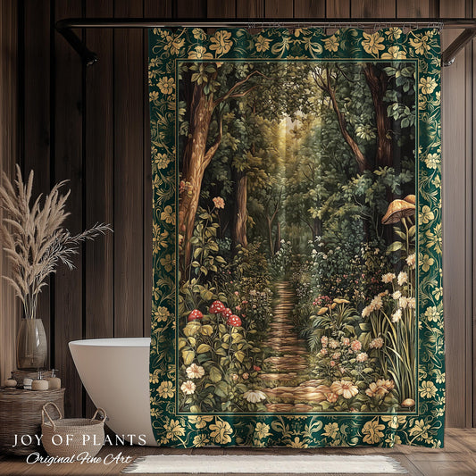 Botanical Bathroom Shower Curtain Fairycore | Woodland Mushroom Aesthetic Nature Lover Bookish Style Mushroom Fairy Core Emerald Green Decor