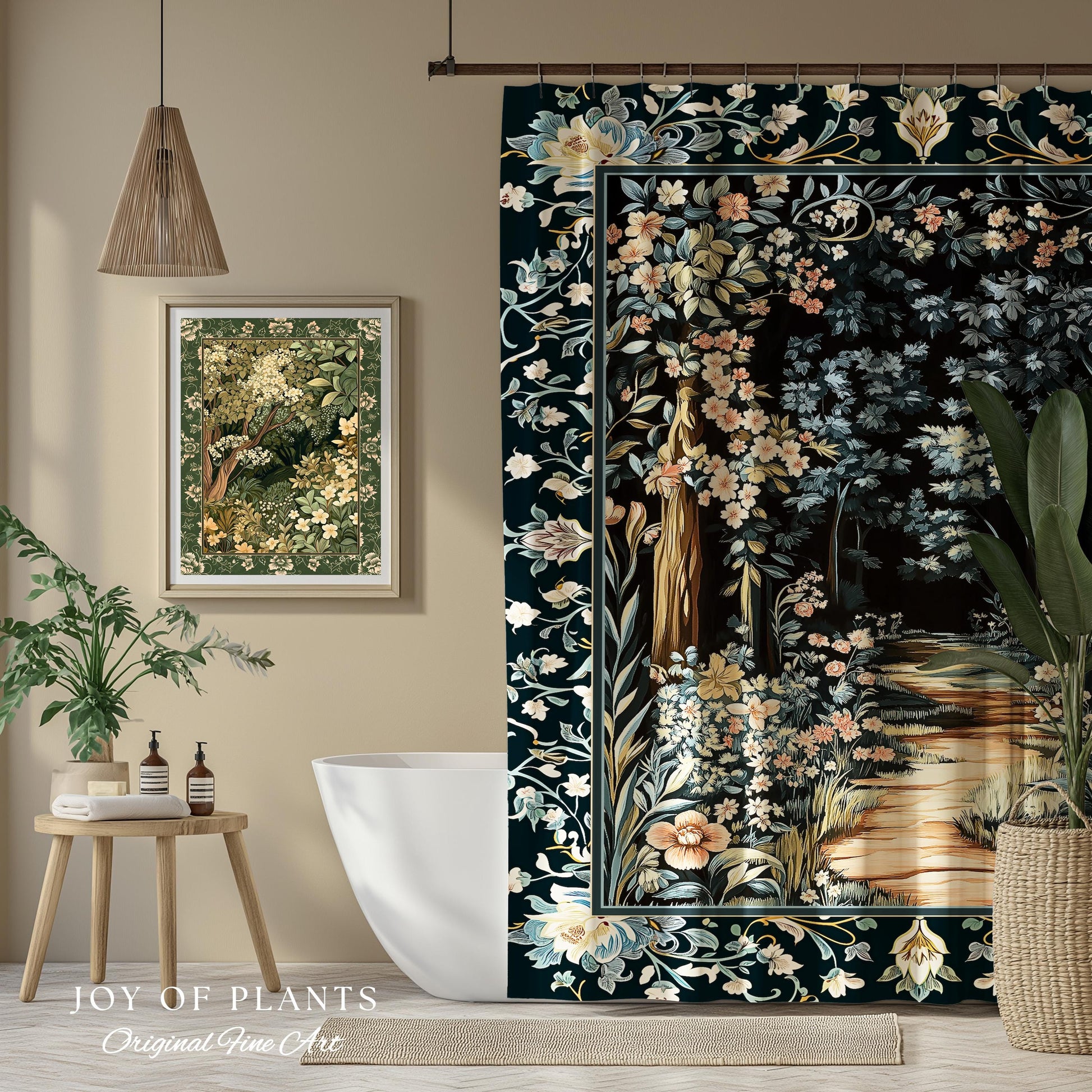 Dreamy Forest Landscape Botanical Shower Curtain | Misty Forest Dark Cottagecore Aesthetic Fairycore Bathroom Magical Jungle Decor Floral |