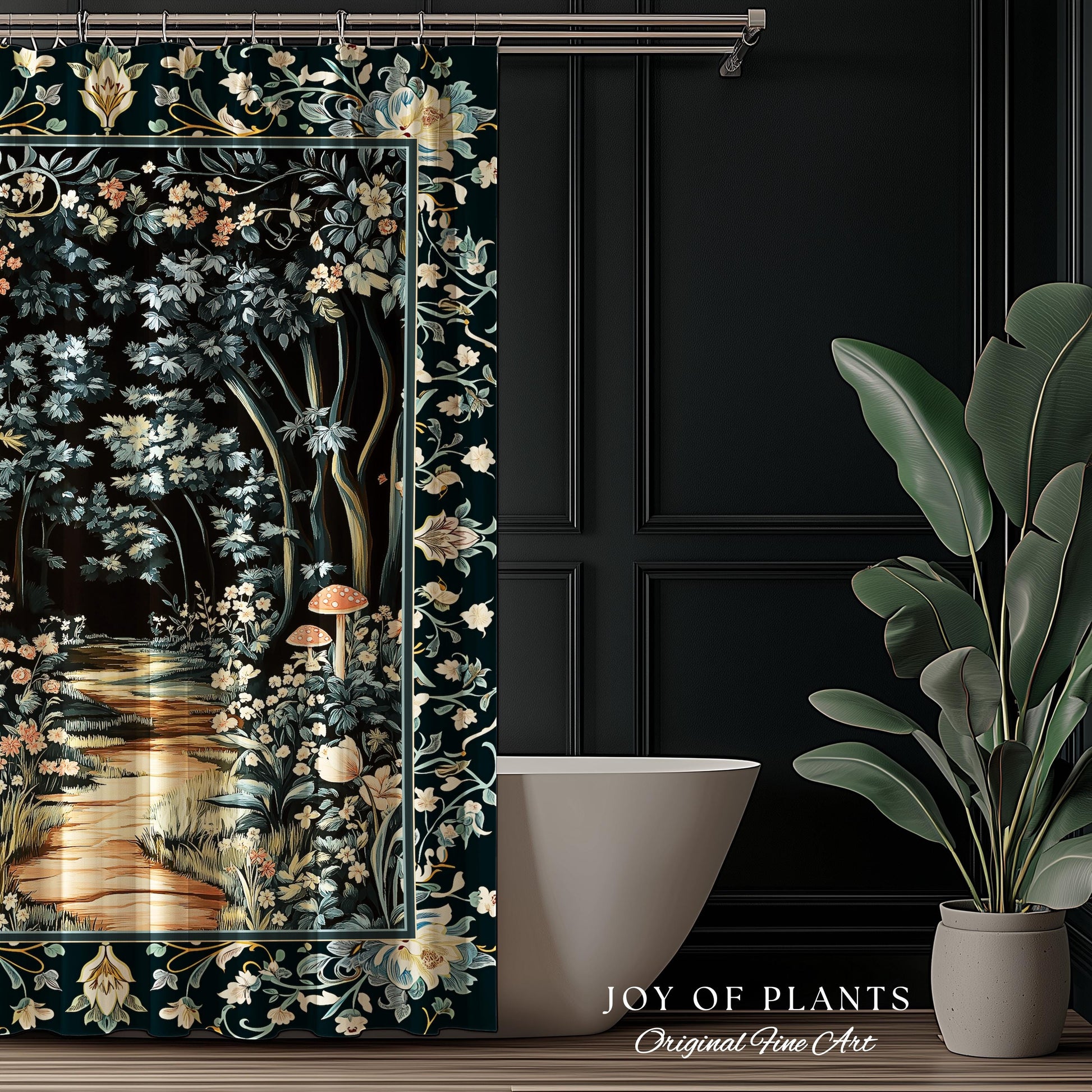 Dreamy Forest Landscape Botanical Shower Curtain | Misty Forest Dark Cottagecore Aesthetic Fairycore Bathroom Magical Jungle Decor Floral |