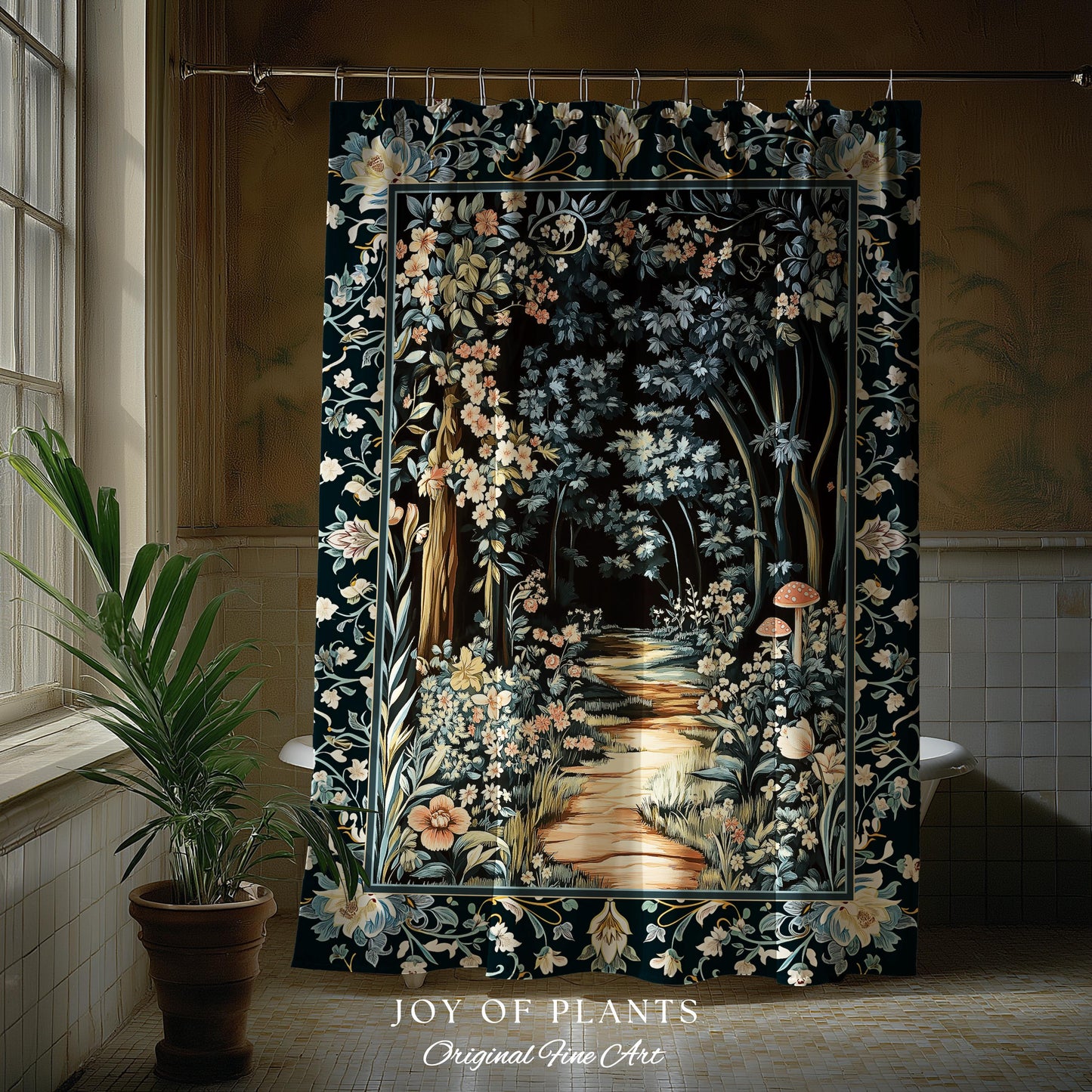 Dreamy Forest Landscape Botanical Shower Curtain | Misty Forest Dark Cottagecore Aesthetic Fairycore Bathroom Magical Jungle Decor Floral |