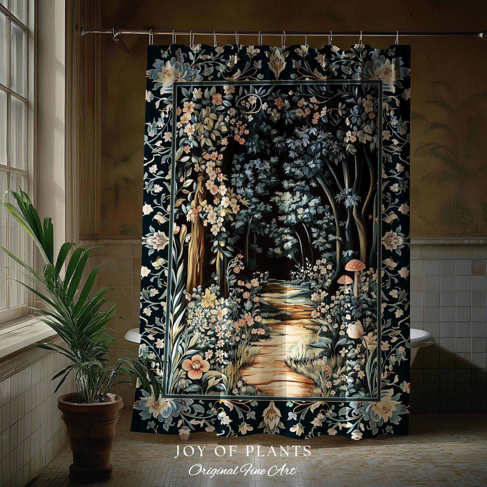 Dreamy Forest Landscape Botanical Shower Curtain | Misty Forest Dark Cottagecore Aesthetic Fairycore Bathroom Magical Jungle Decor Floral |