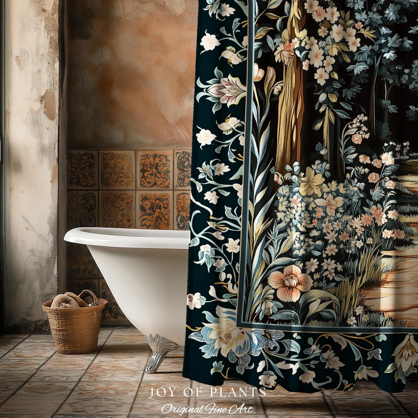 Dreamy Forest Landscape Botanical Shower Curtain | Misty Forest Dark Cottagecore Aesthetic Fairycore Bathroom Magical Jungle Decor Floral |