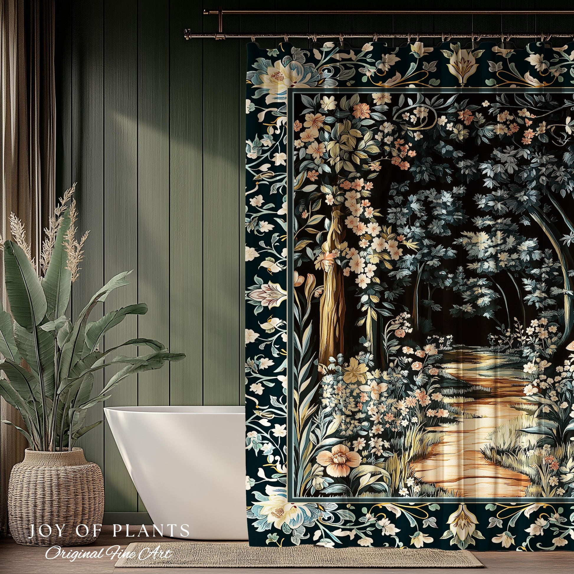 Dreamy Forest Landscape Botanical Shower Curtain | Misty Forest Dark Cottagecore Aesthetic Fairycore Bathroom Magical Jungle Decor Floral |