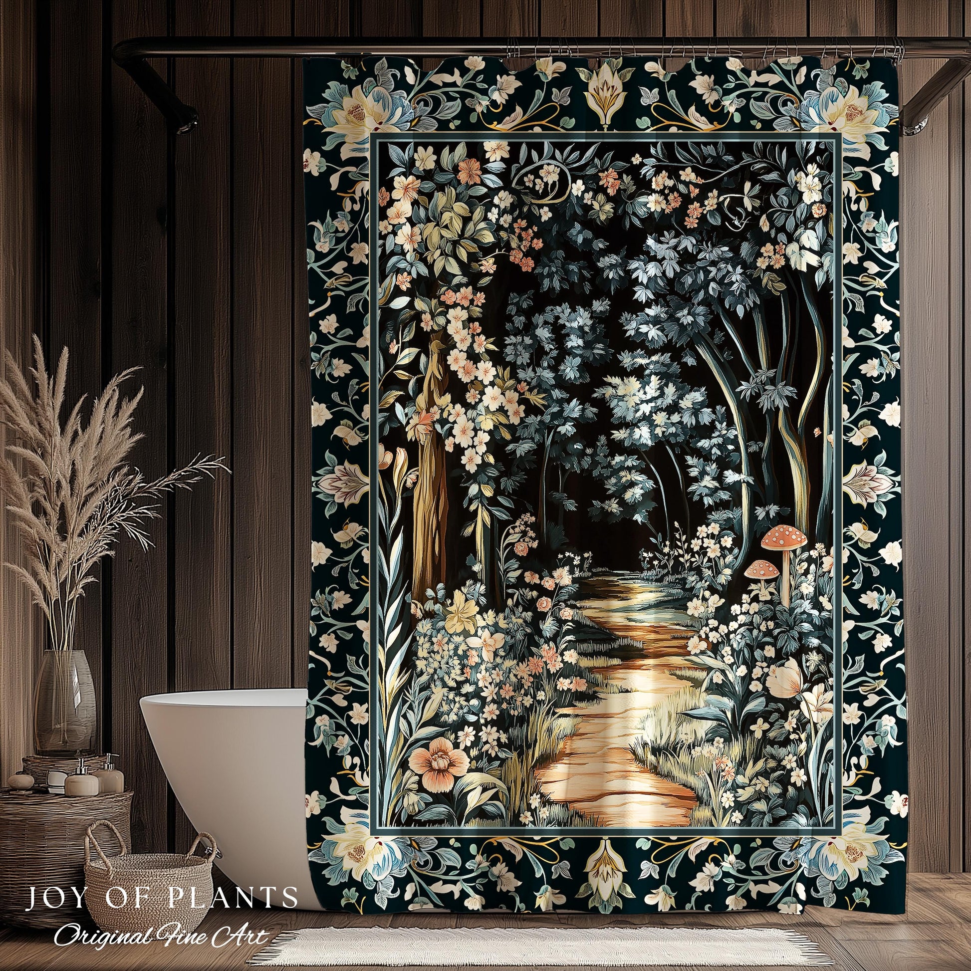 Dreamy Forest Landscape Botanical Shower Curtain | Misty Forest Dark Cottagecore Aesthetic Fairycore Bathroom Magical Jungle Decor Floral |