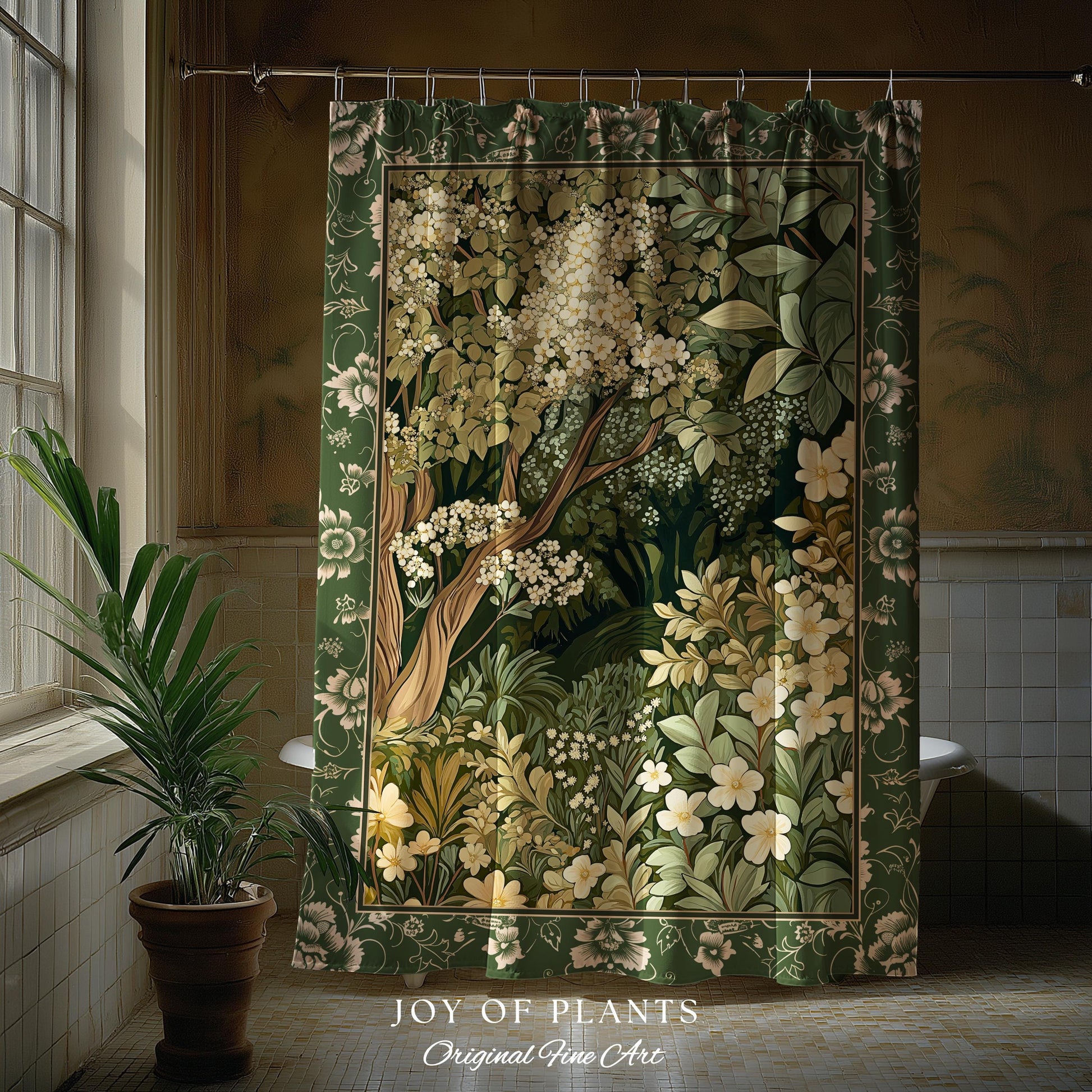 Soft Aesthetics Folklore Forest Shower Curtain Fairy Inspired Bathroom | Cozy Cottagecore Ethereal Nature Aesthetic Sage Green Indie Decor |