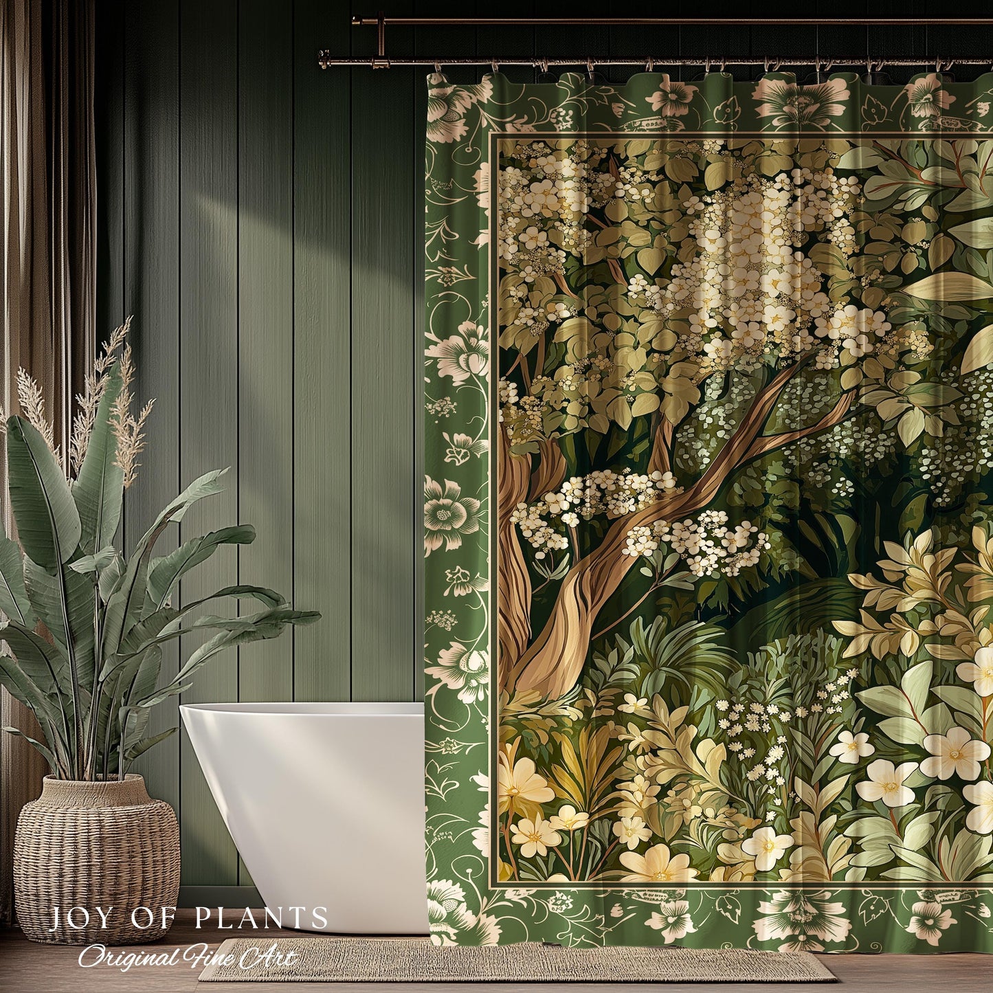 Soft Aesthetics Folklore Forest Shower Curtain Fairy Inspired Bathroom | Cozy Cottagecore Ethereal Nature Aesthetic Sage Green Indie Decor |